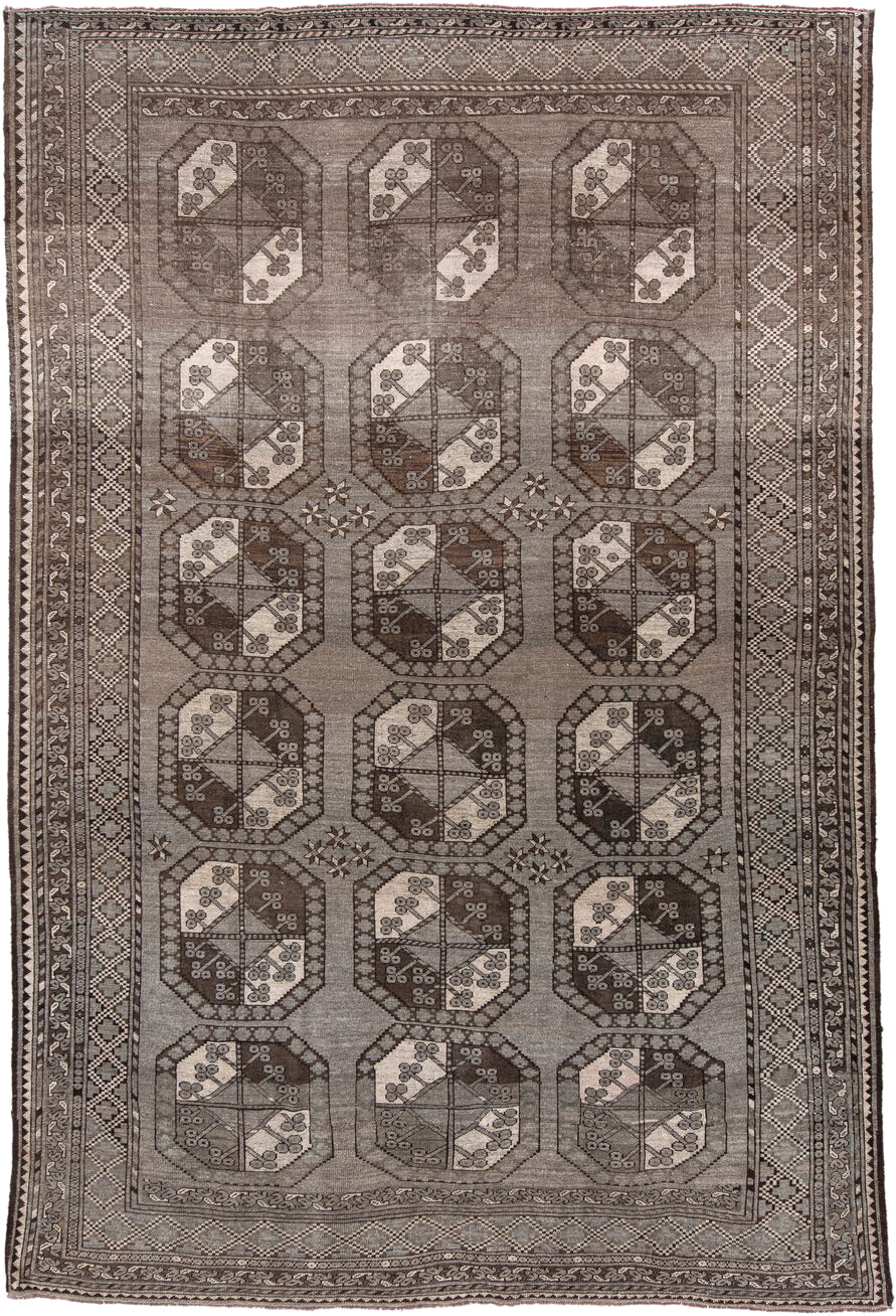 7' x 10' one-of-a-kind handmade antique Afghan large size rug. Color palette: taupe, brown, ivory, charcoal, camel, beige