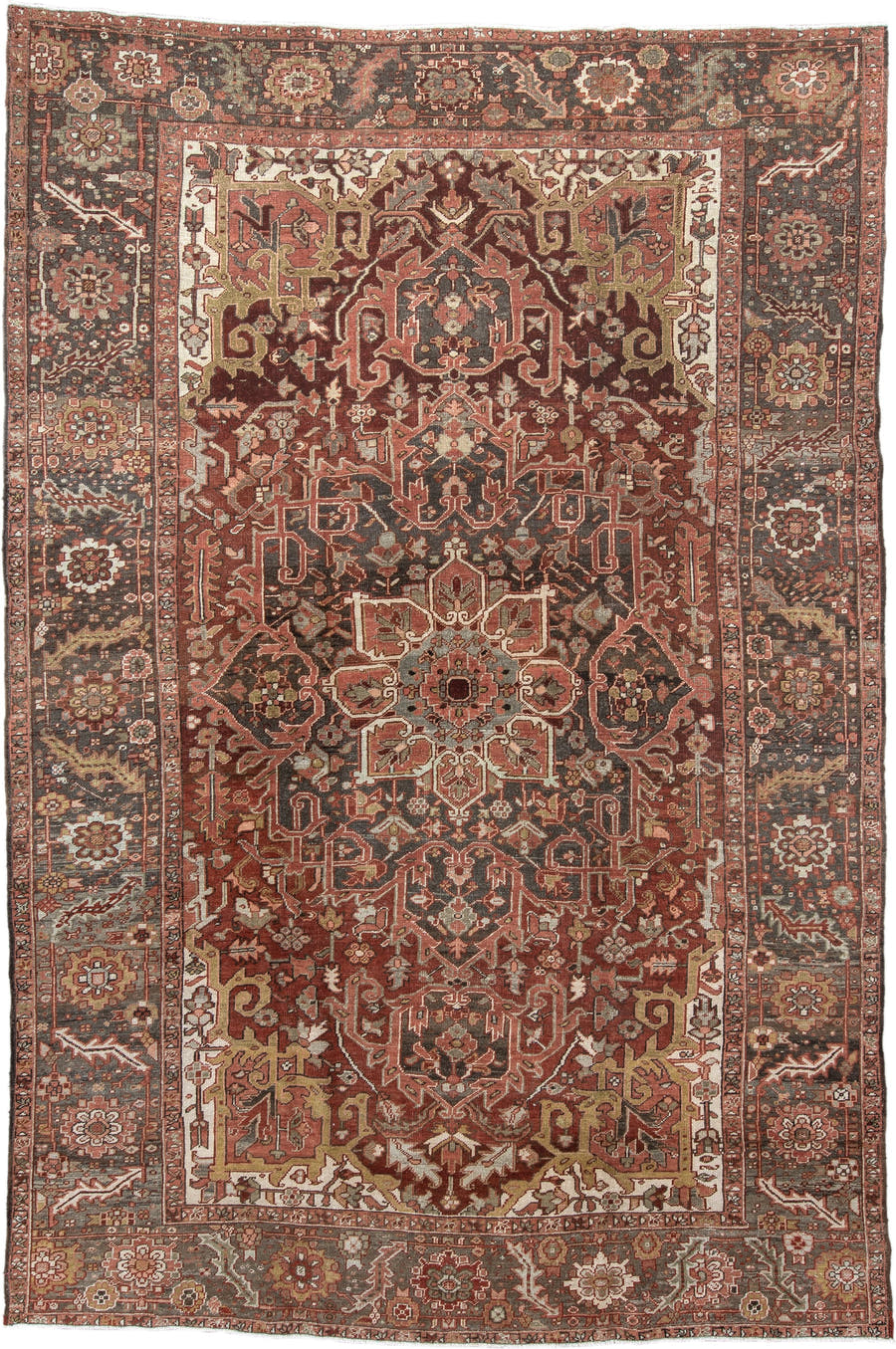 7' x 11' one-of-a-kind handmade antique Heriz large size rug. Color palette: rust, brick, slate, ivory, camel, taupe