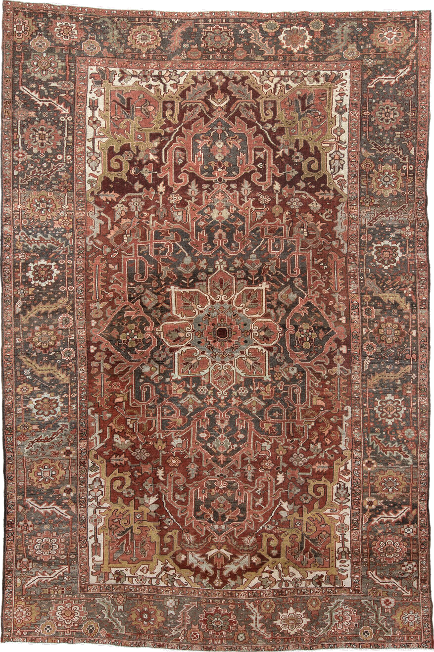 7' x 11' one-of-a-kind handmade vintage Heriz large size rug. Color palette: antiquewhite, blanched almond, brown, gray