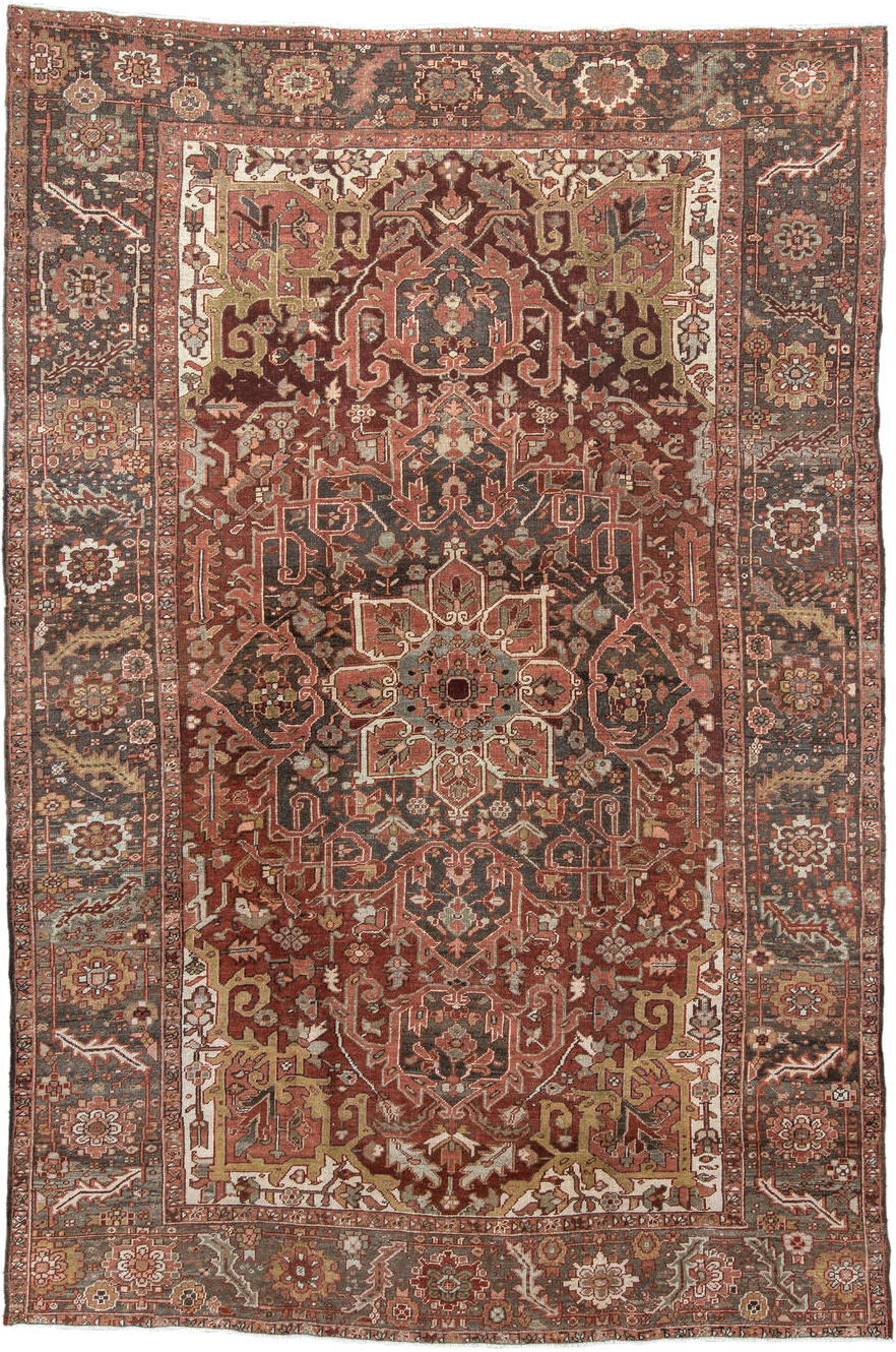 7' x 11' one-of-a-kind handmade antique Heriz large size rug. Color palette: rust, brick, slate, ivory, camel, taupe