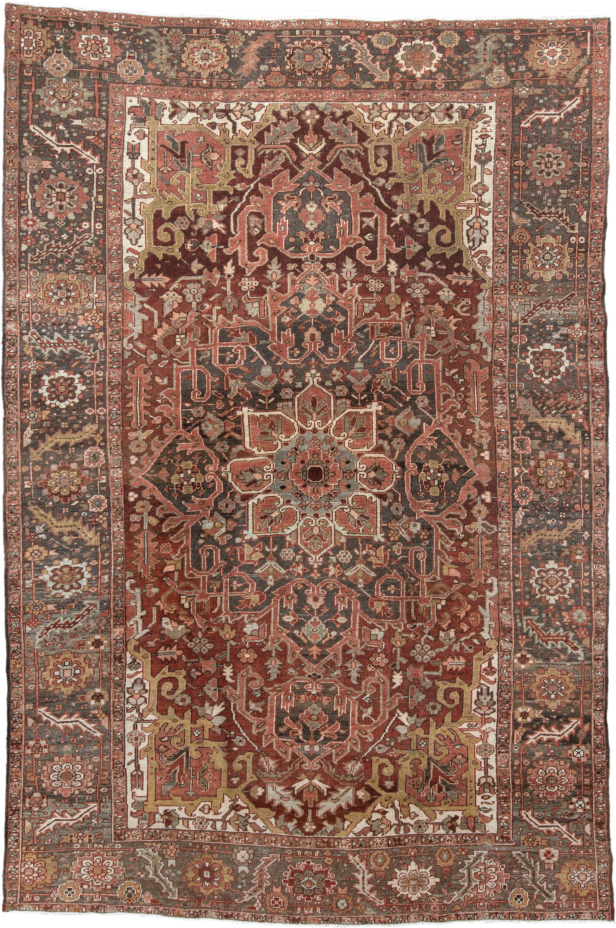 7' x 11' one-of-a-kind handmade antique Heriz large size rug. Color palette: rust, brick, slate, ivory, camel, taupe
