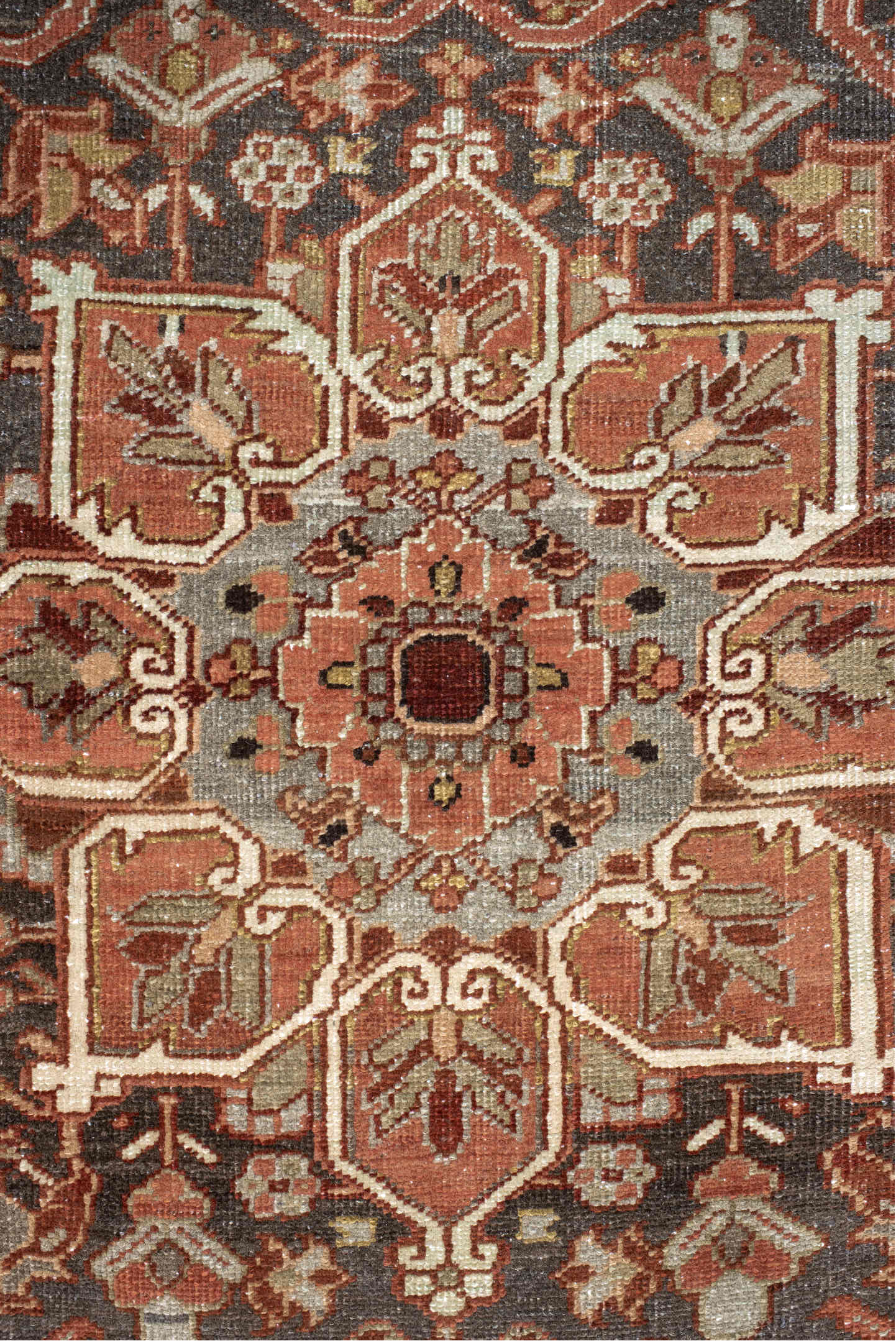 7' x 11' one-of-a-kind handmade vintage Heriz large size rug. Color palette: antiquewhite, blanched almond, brown, gray