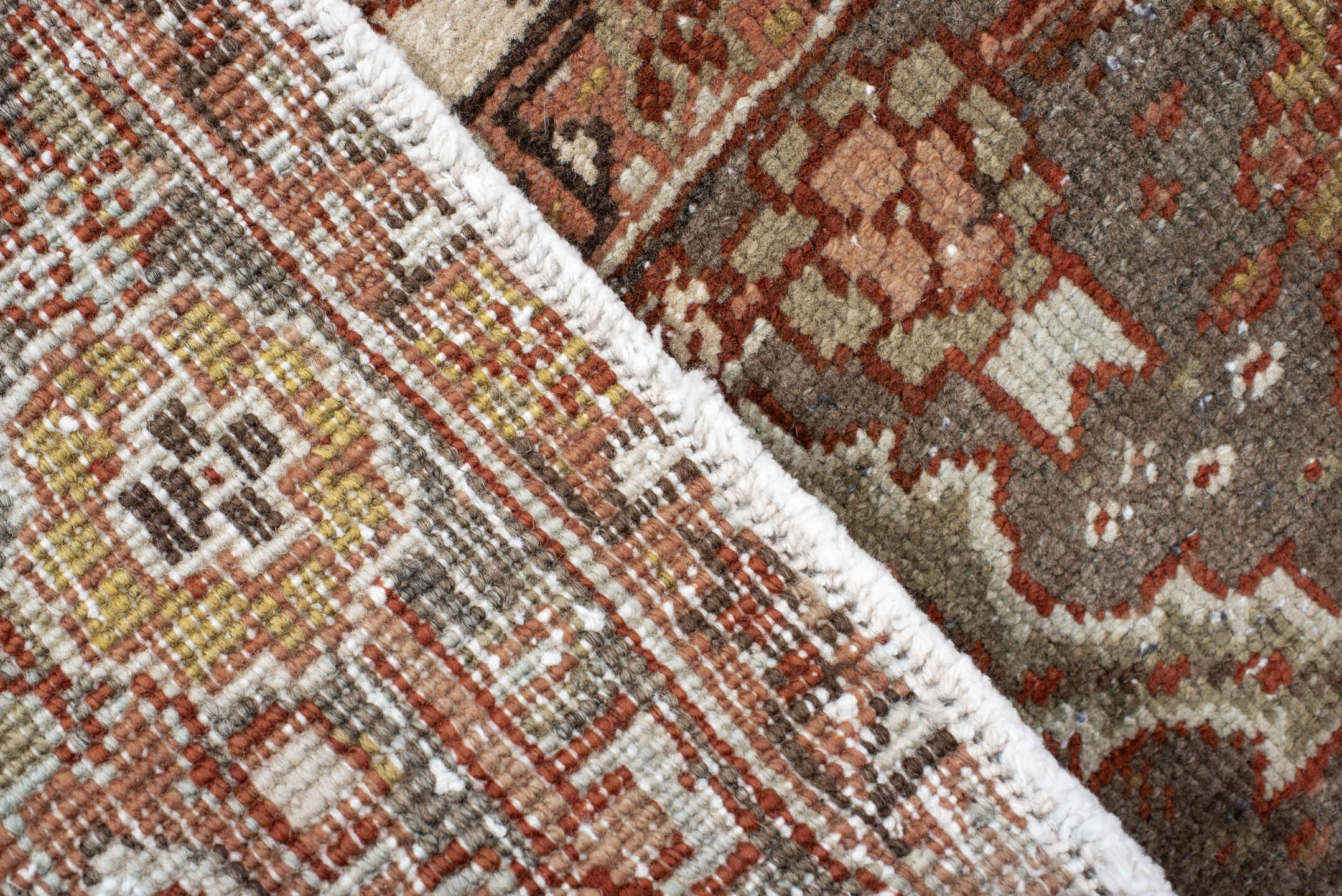 7' x 11' one-of-a-kind handmade antique Heriz large size rug. Color palette: rust, brick, slate, ivory, camel, taupe