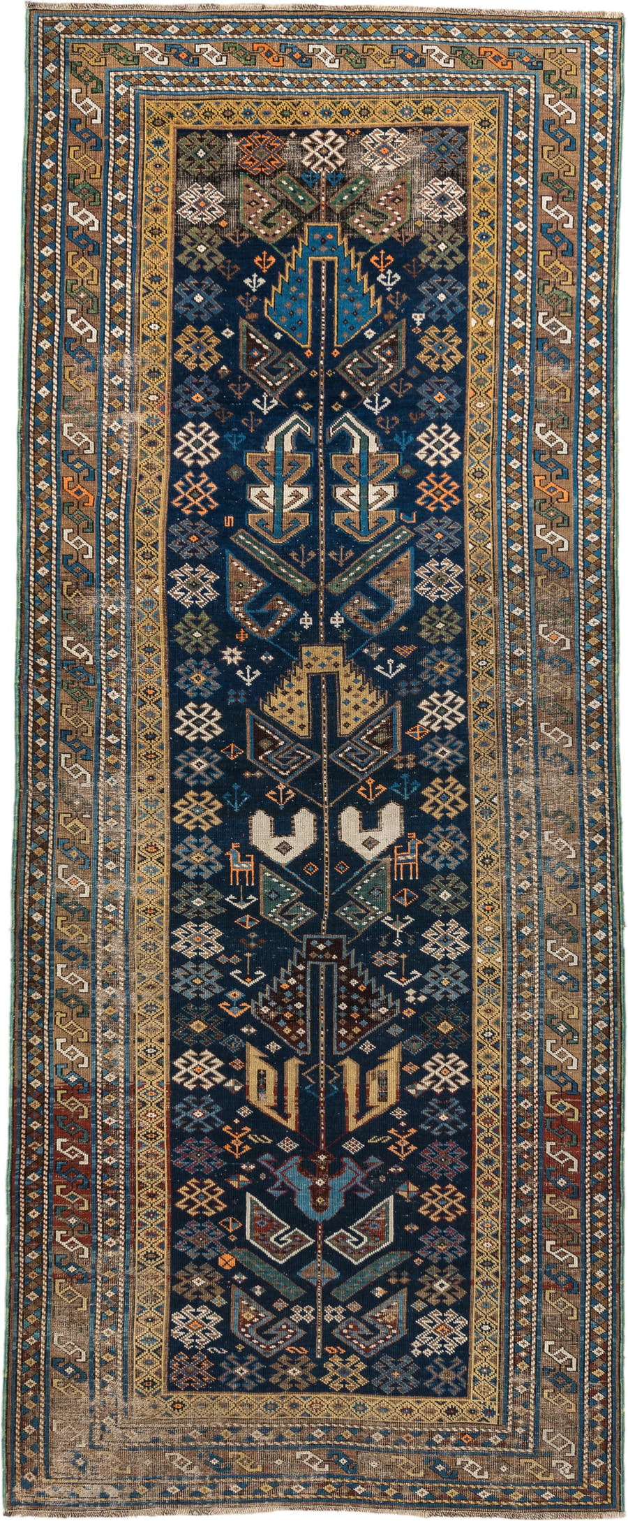 3' x 9' one-of-a-kind handmade vintage Shirvan runner rug. Color palette: navy, camel, ivory, sky blue, taupe, rust, sage