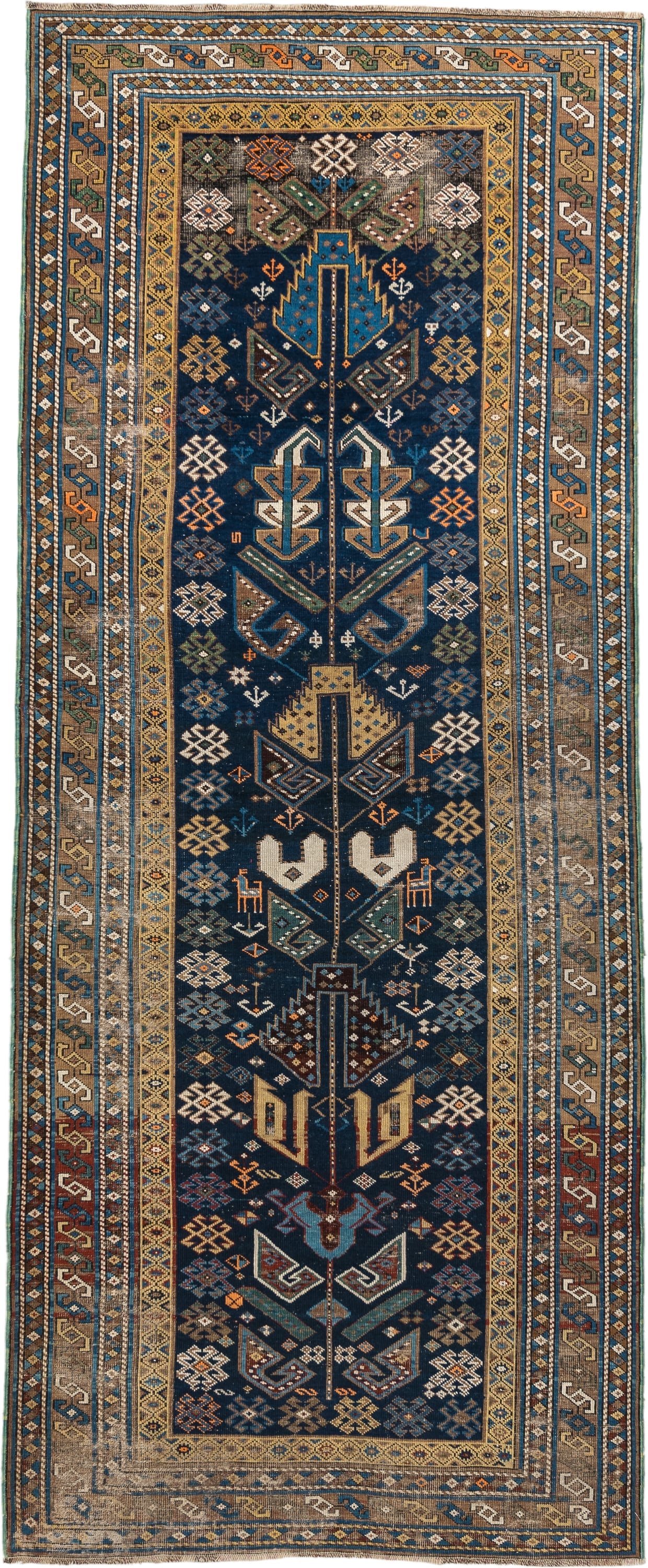 3' x 9' one-of-a-kind handmade vintage Shirvan runner rug. Color palette: navy, camel, ivory, sky blue, taupe, rust, sage