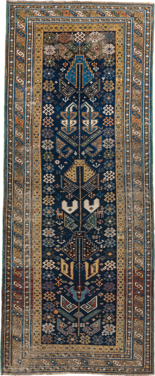 3' x 9' one-of-a-kind handmade vintage Shirvan runner rug. Color palette: arapawa, black, blue, brown, charcoal, dim gray