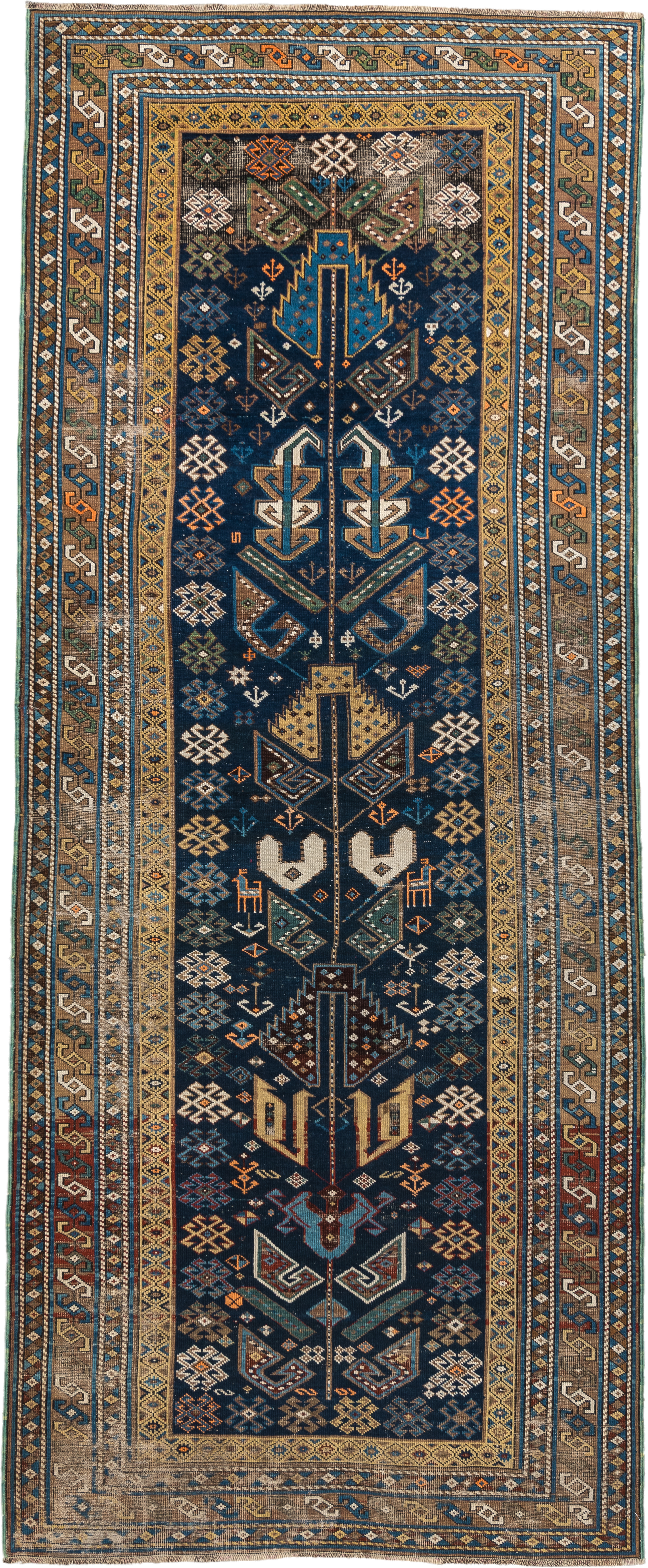 3' x 9' one-of-a-kind handmade vintage Shirvan runner rug. Color palette: navy, camel, ivory, sky blue, taupe, rust, sage