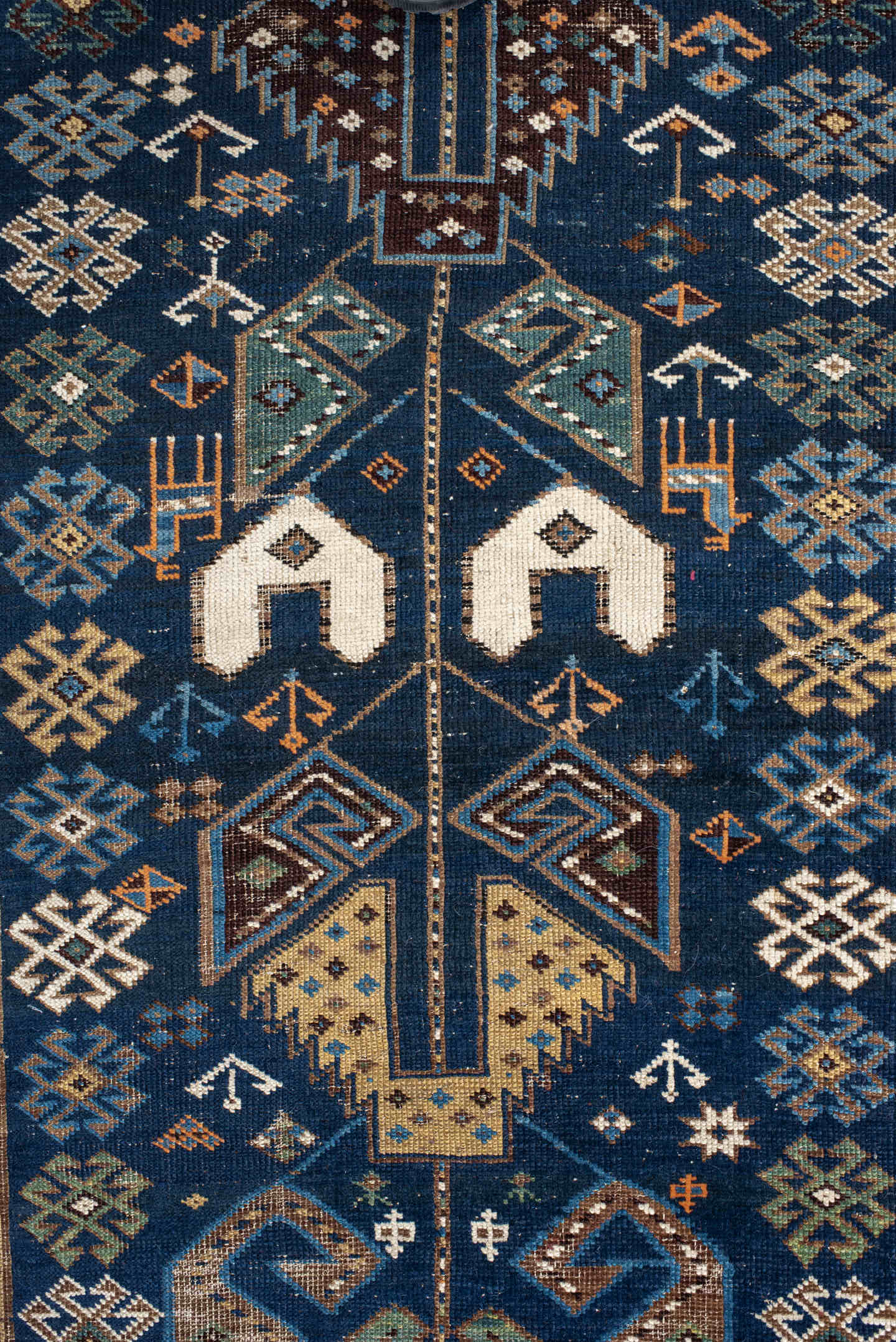 3' x 9' one-of-a-kind handmade vintage Shirvan runner rug. Color palette: navy, camel, ivory, sky blue, taupe, rust, sage