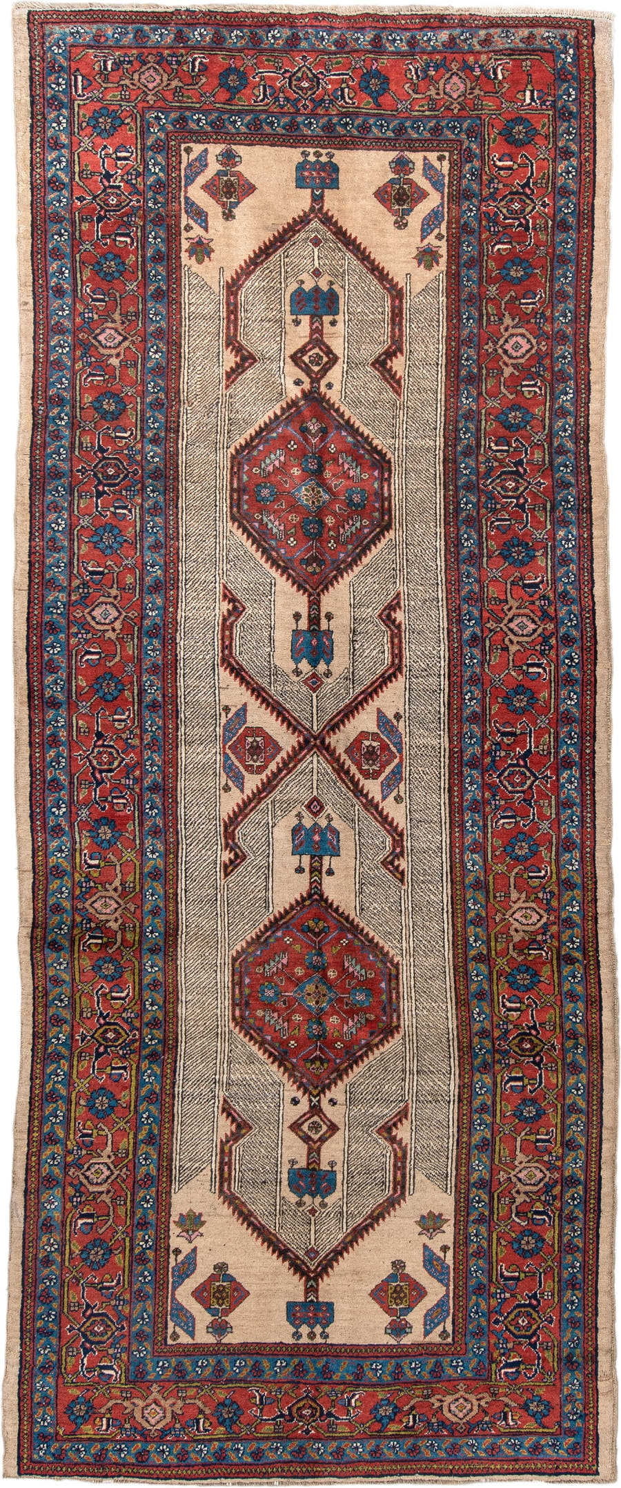 4' x 11' one-of-a-kind handmade antique Sarab runner rug. Color palette: ivory, rust, indigo, navy, crimson, camel, saffron