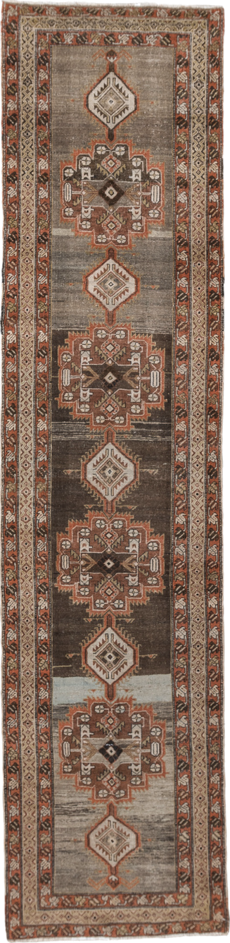3' x 14' one-of-a-kind handmade vintage Sarab runner rug. Color palette: taupe, brown, rust, ivory, charcoal, camel, beige