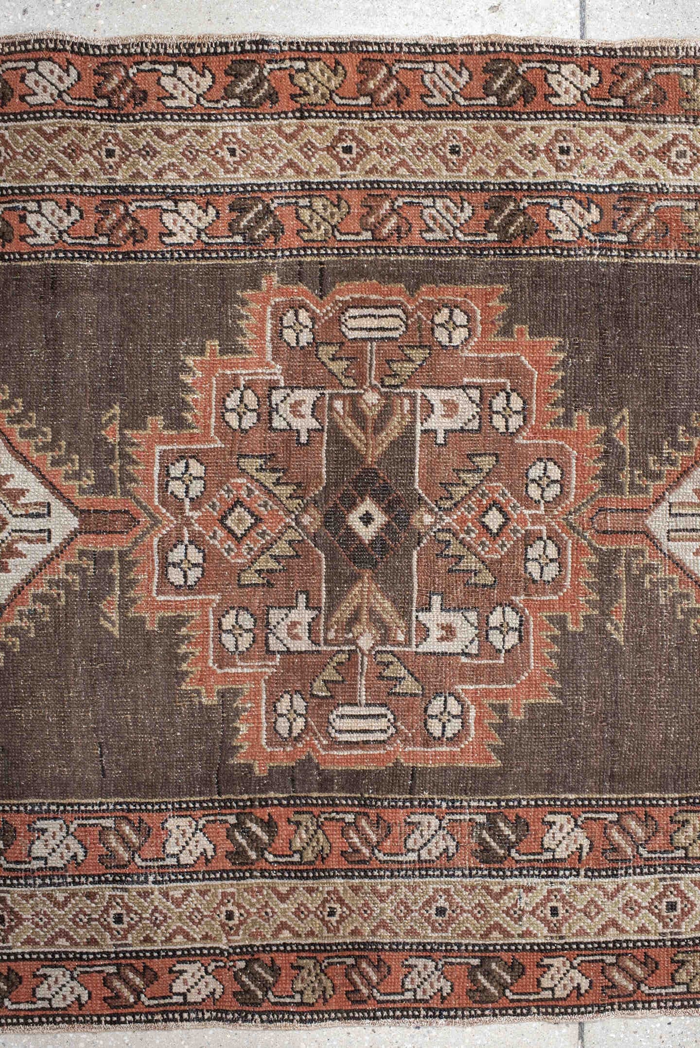 3' x 14' one-of-a-kind handmade vintage Sarab runner rug. Color palette: taupe, brown, rust, ivory, charcoal, camel, beige