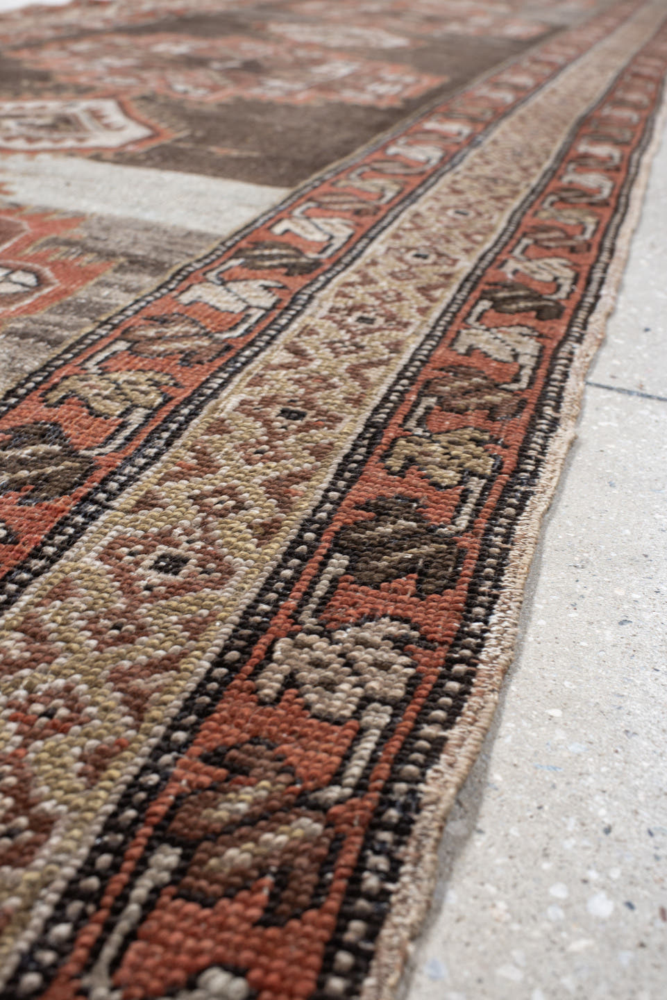 3' x 14' one-of-a-kind handmade vintage Sarab runner rug. Color palette: taupe, brown, rust, ivory, charcoal, camel, beige