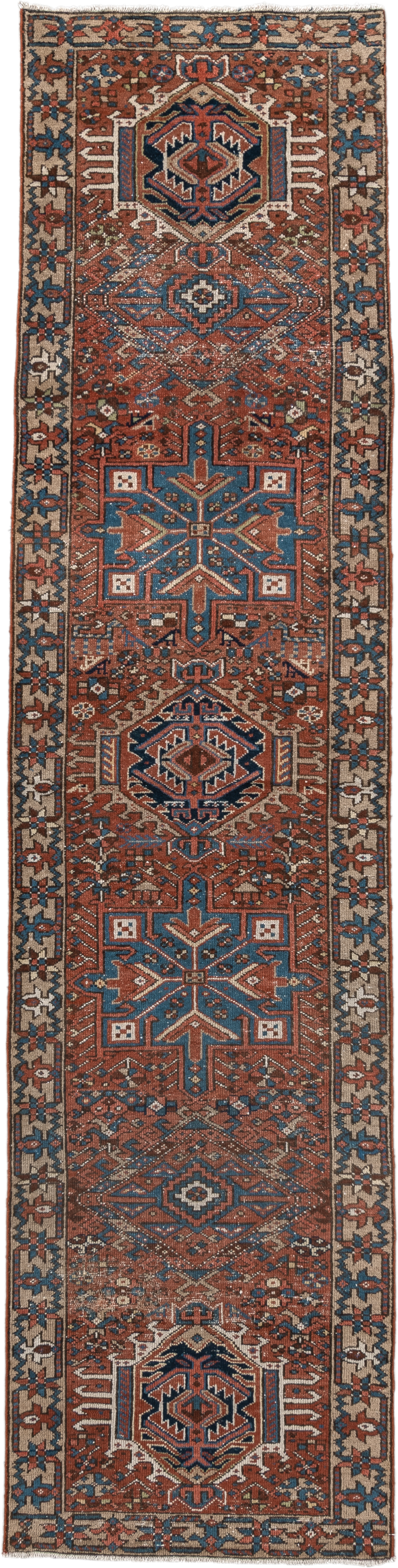 2' x 10' one-of-a-kind handmade vintage Karaje runner rug. Color palette: rust, blue, ivory, navy, taupe, camel, charcoal