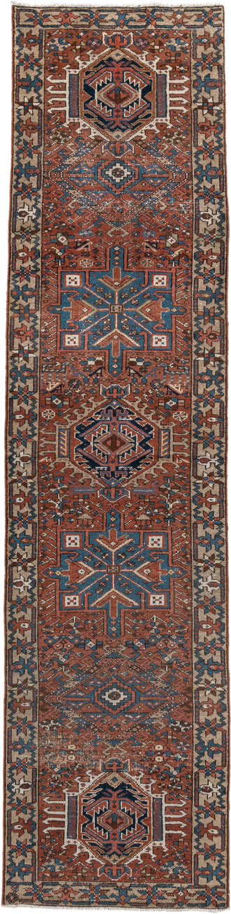 2' x 10' one-of-a-kind handmade vintage Karaje runner rug. Color palette: rust, blue, ivory, navy, taupe, camel, charcoal