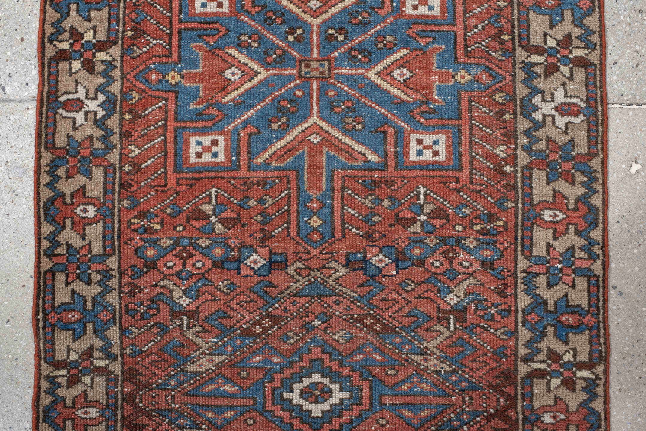 2' x 10' one-of-a-kind handmade vintage Karaje runner rug. Color palette: rust, blue, ivory, navy, taupe, camel, charcoal