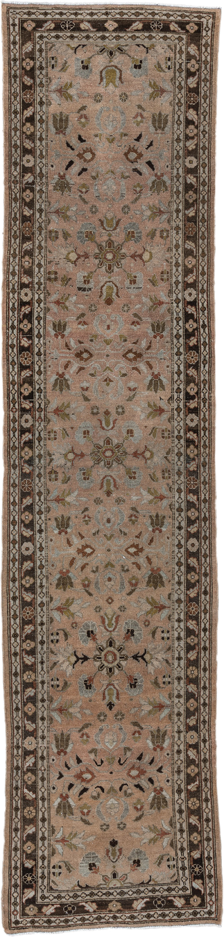3' x 12' one-of-a-kind handmade vintage Lilian runner rug. Color palette: taupe, brown, ivory, rose, sage, charcoal, camel