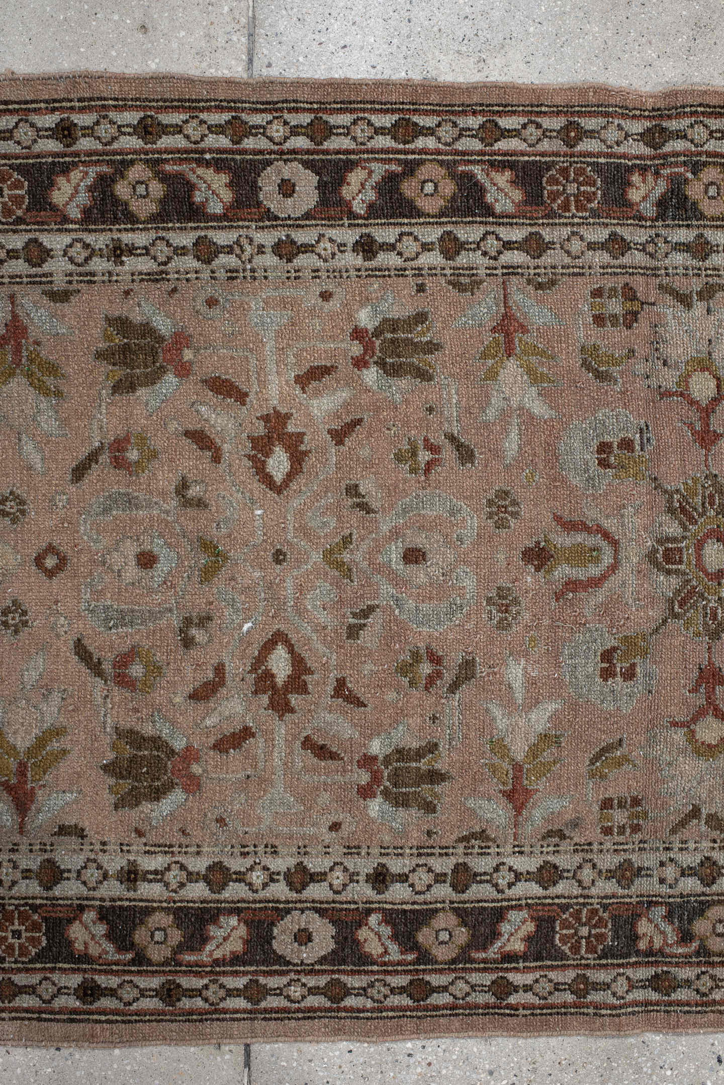 3' x 12' one-of-a-kind handmade vintage Lilian runner rug. Color palette: taupe, brown, ivory, rose, sage, charcoal, camel