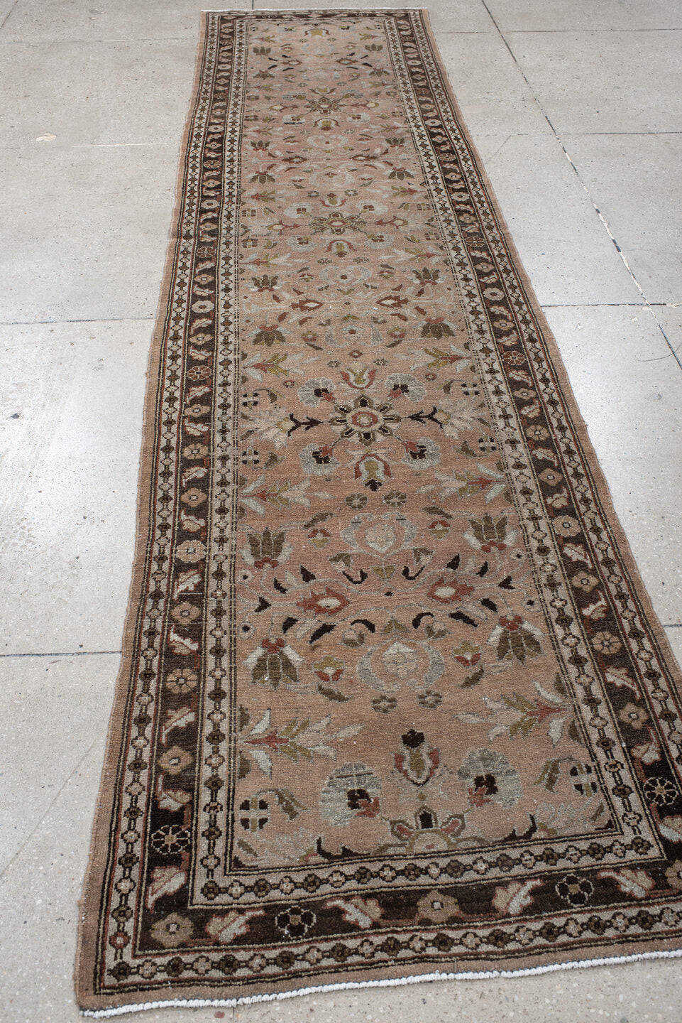 3' x 12' one-of-a-kind handmade vintage Lilian runner rug. Color palette: taupe, brown, ivory, rose, sage, charcoal, camel