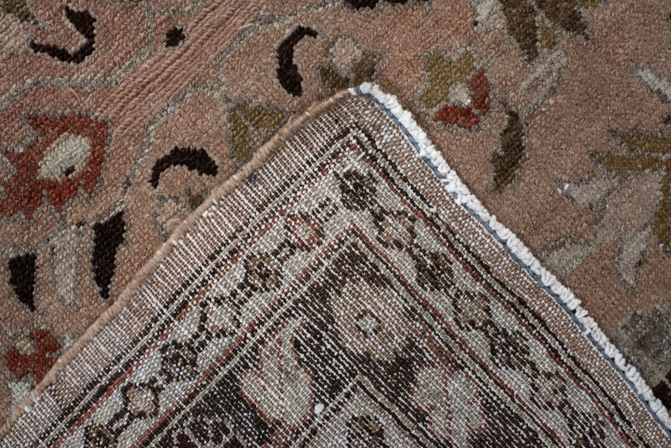3' x 12' one-of-a-kind handmade vintage Lilian runner rug. Color palette: taupe, brown, ivory, rose, sage, charcoal, camel