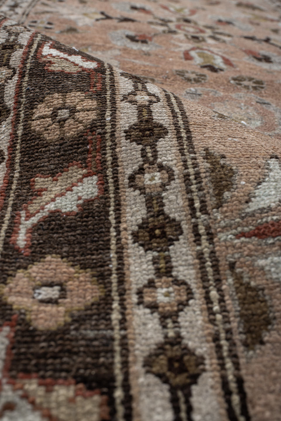 3' x 12' one-of-a-kind handmade vintage Lilian runner rug. Color palette: taupe, brown, ivory, rose, sage, charcoal, camel