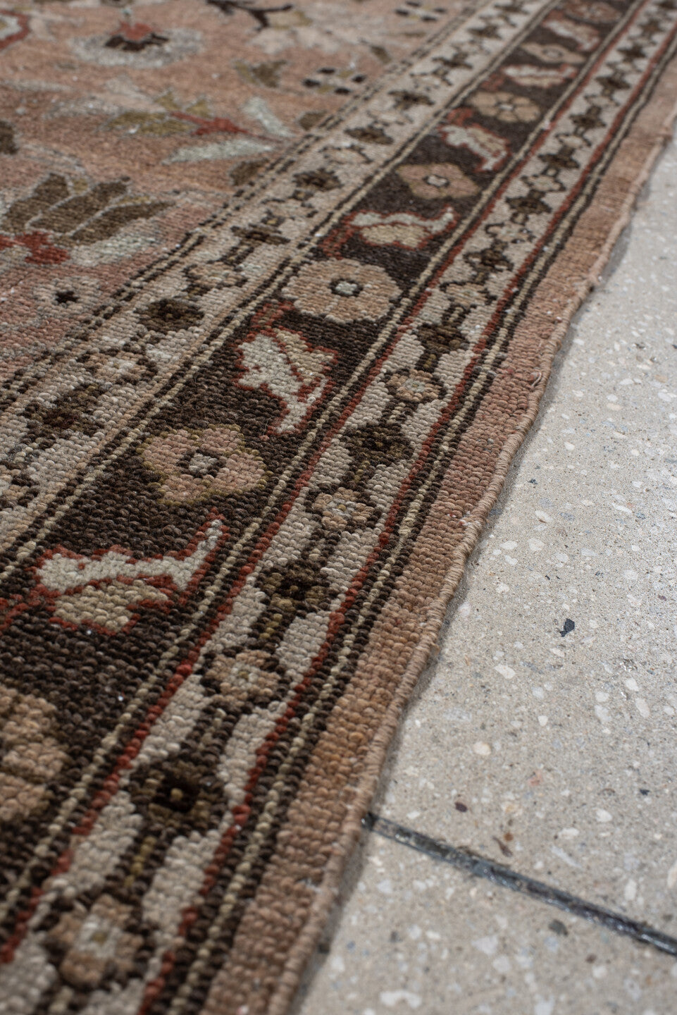 3' x 12' one-of-a-kind handmade vintage Lilian runner rug. Color palette: taupe, brown, ivory, rose, sage, charcoal, camel