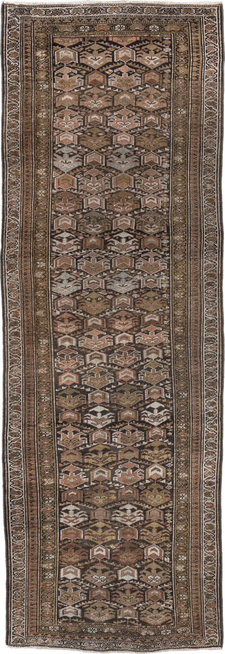 3' x 10' one-of-a-kind handmade vintage NW Persian runner rug. Color palette: brown, taupe, camel, ivory, rose, olive