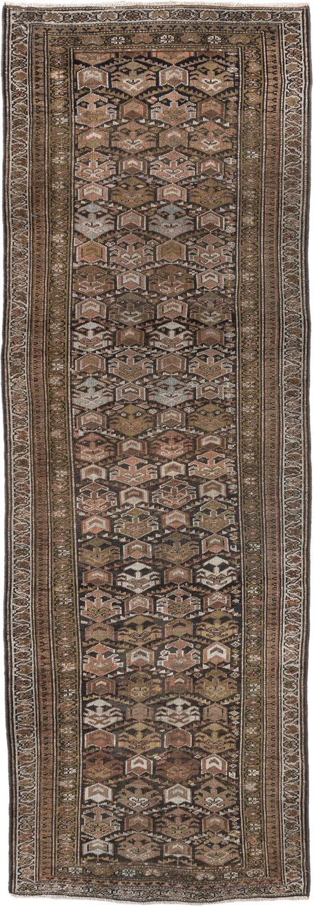 3' x 10' one-of-a-kind handmade vintage NW Persian runner rug. Color palette: brown, taupe, camel, ivory, rose, olive