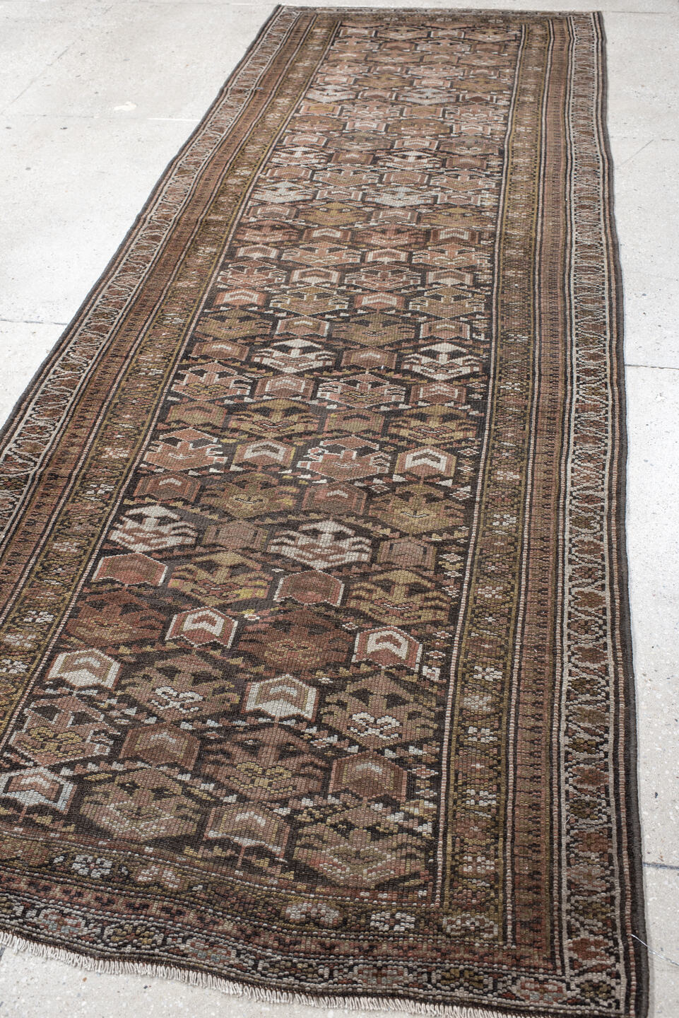 3' x 10' one-of-a-kind handmade vintage NW Persian runner rug. Color palette: brown, taupe, camel, ivory, rose, olive