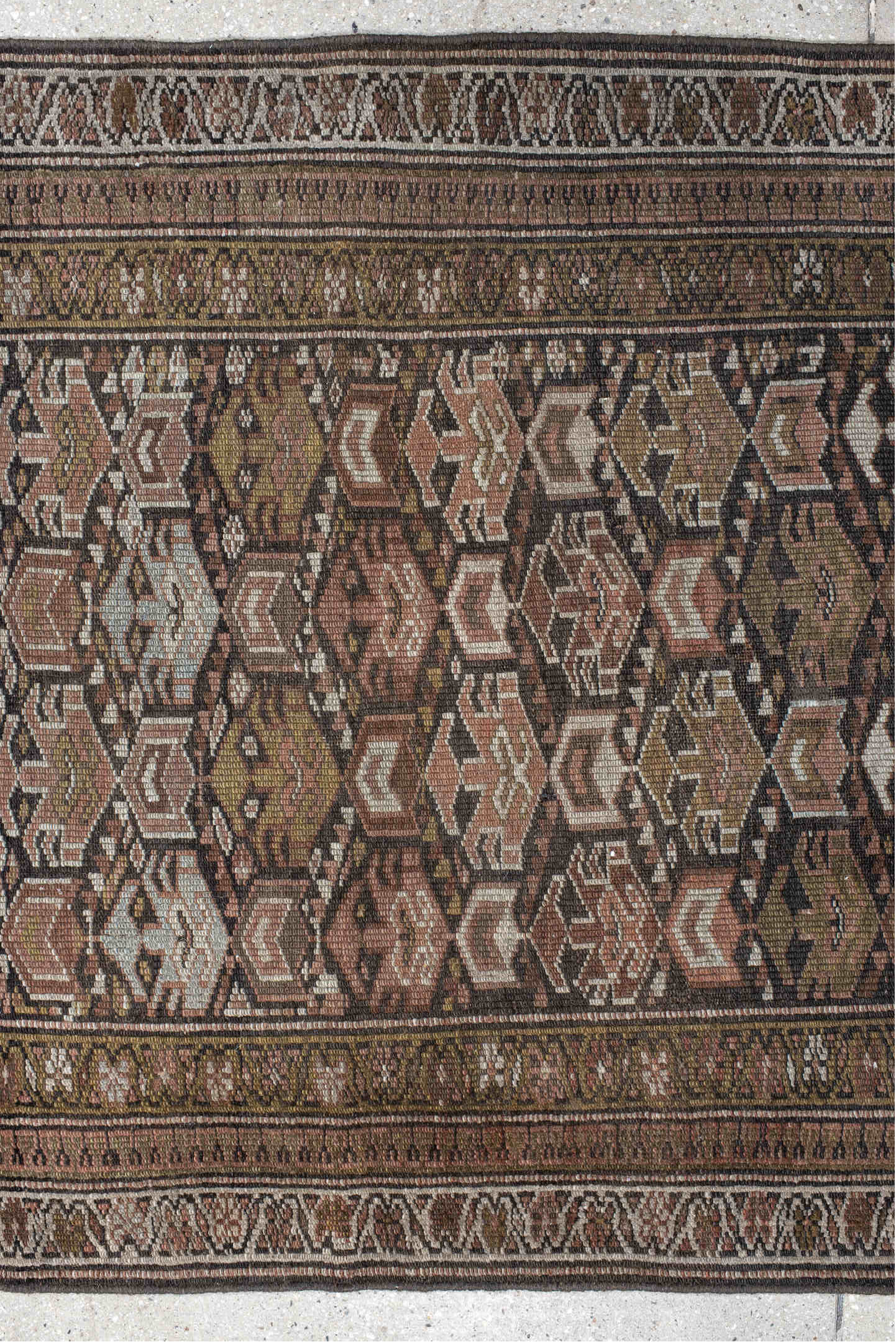 3' x 10' one-of-a-kind handmade vintage NW Persian runner rug. Color palette: brown, taupe, camel, ivory, rose, olive