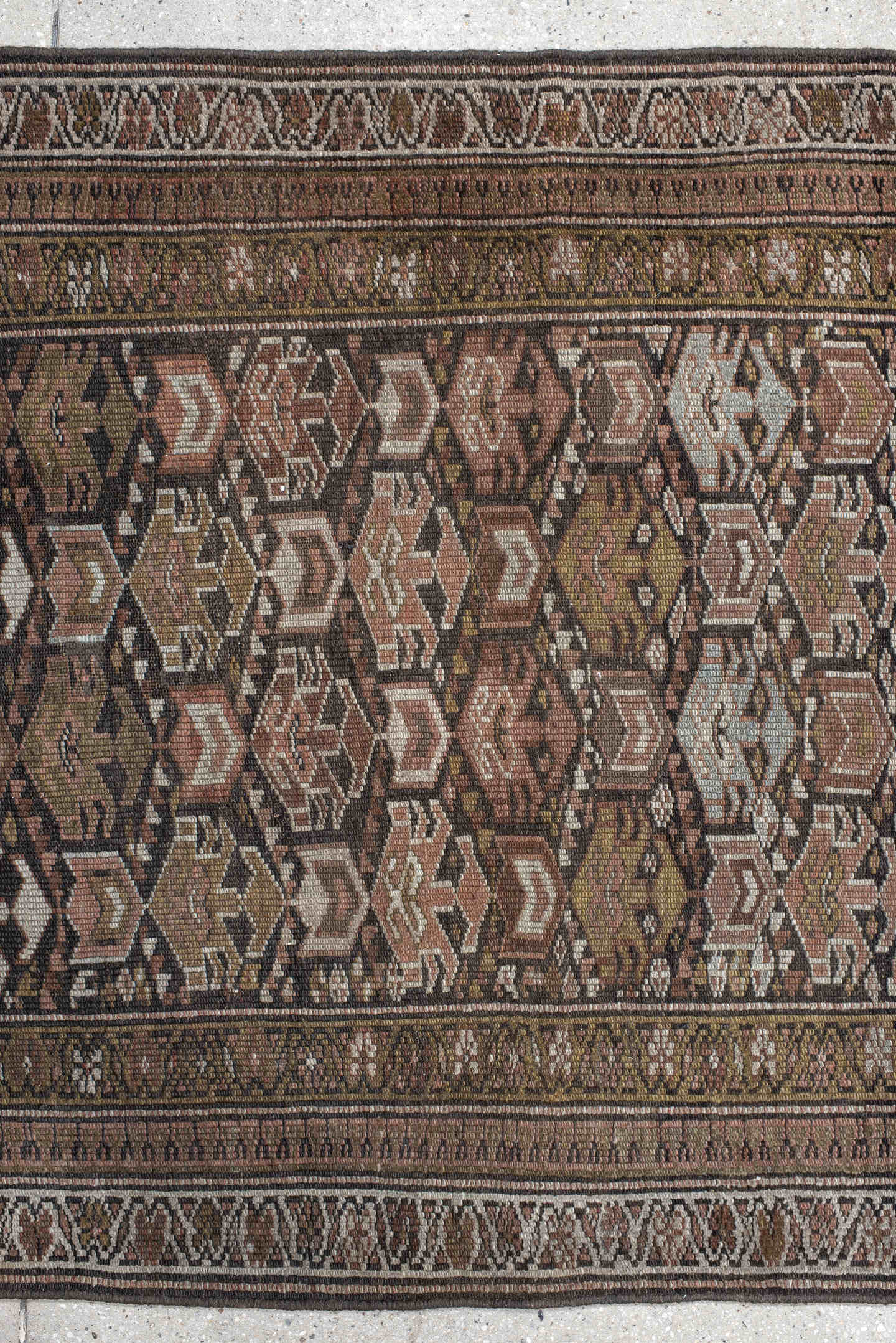 3' x 10' one-of-a-kind handmade vintage NW Persian runner rug. Color palette: brown, taupe, camel, ivory, rose, olive