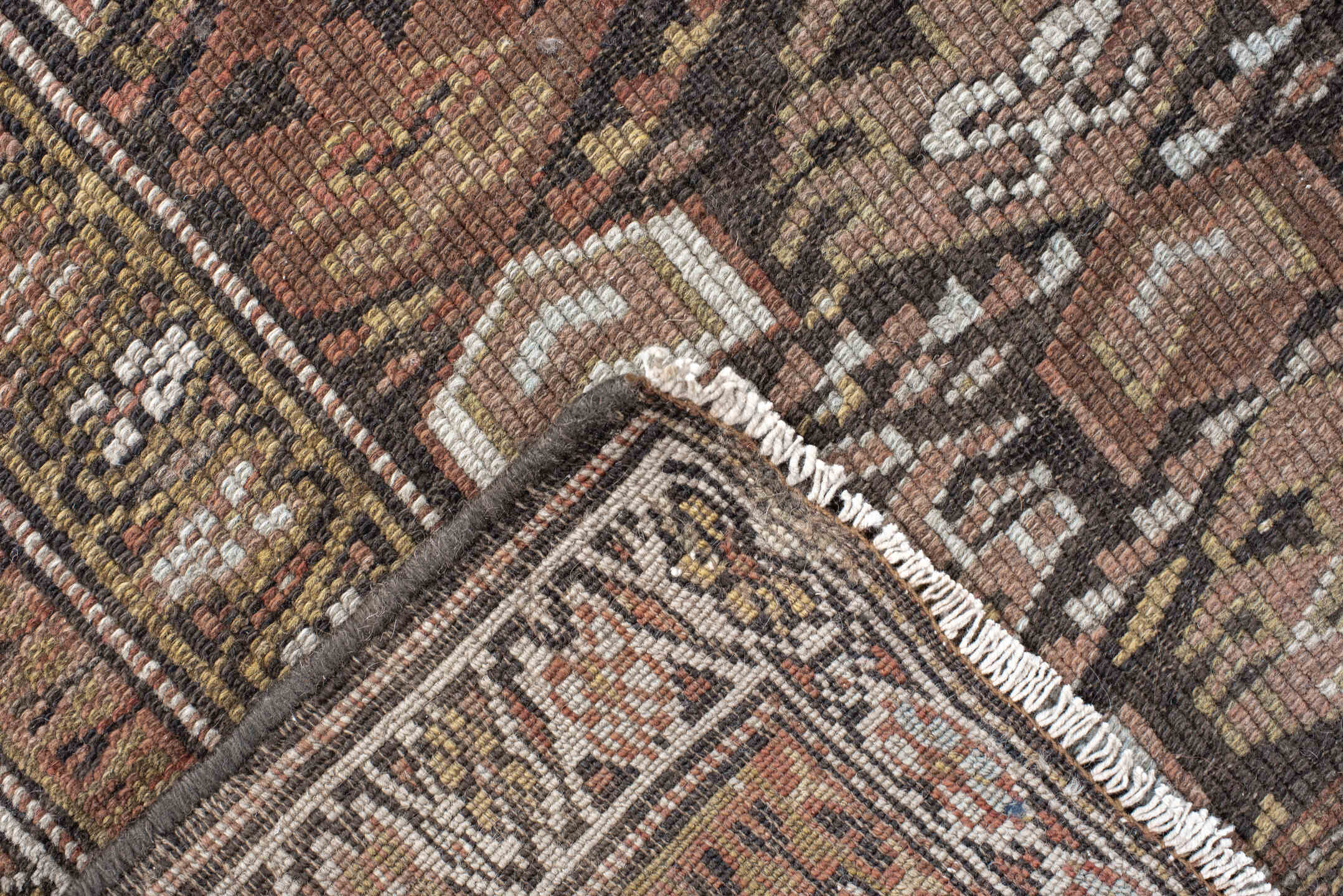 3' x 10' one-of-a-kind handmade vintage NW Persian runner rug. Color palette: brown, taupe, camel, ivory, rose, olive