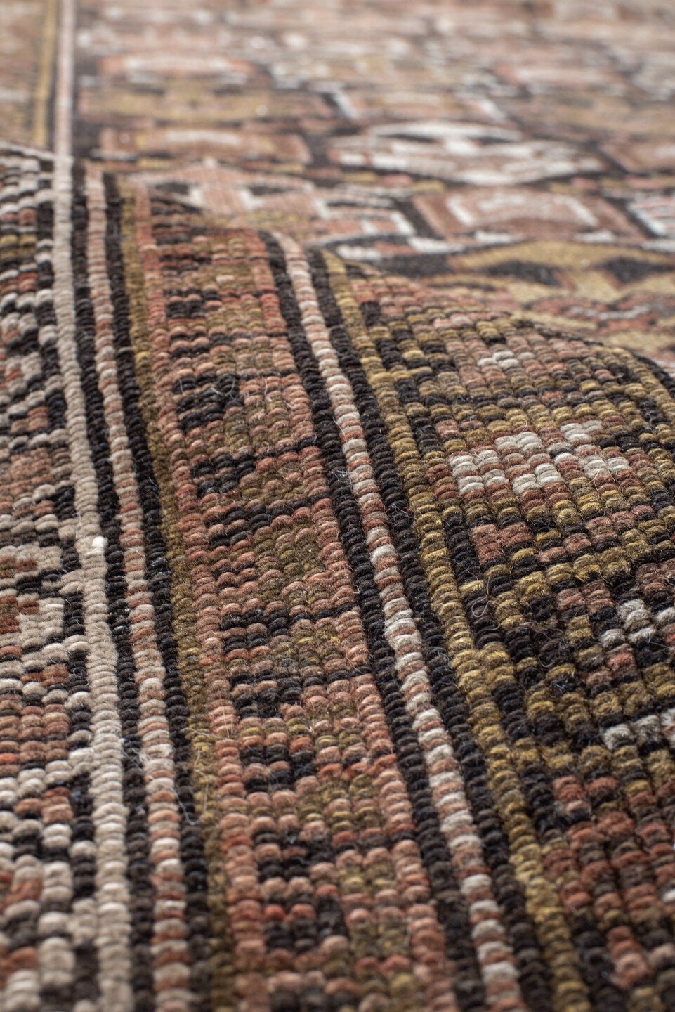 3' x 10' one-of-a-kind handmade vintage NW Persian runner rug. Color palette: brown, taupe, camel, ivory, rose, olive