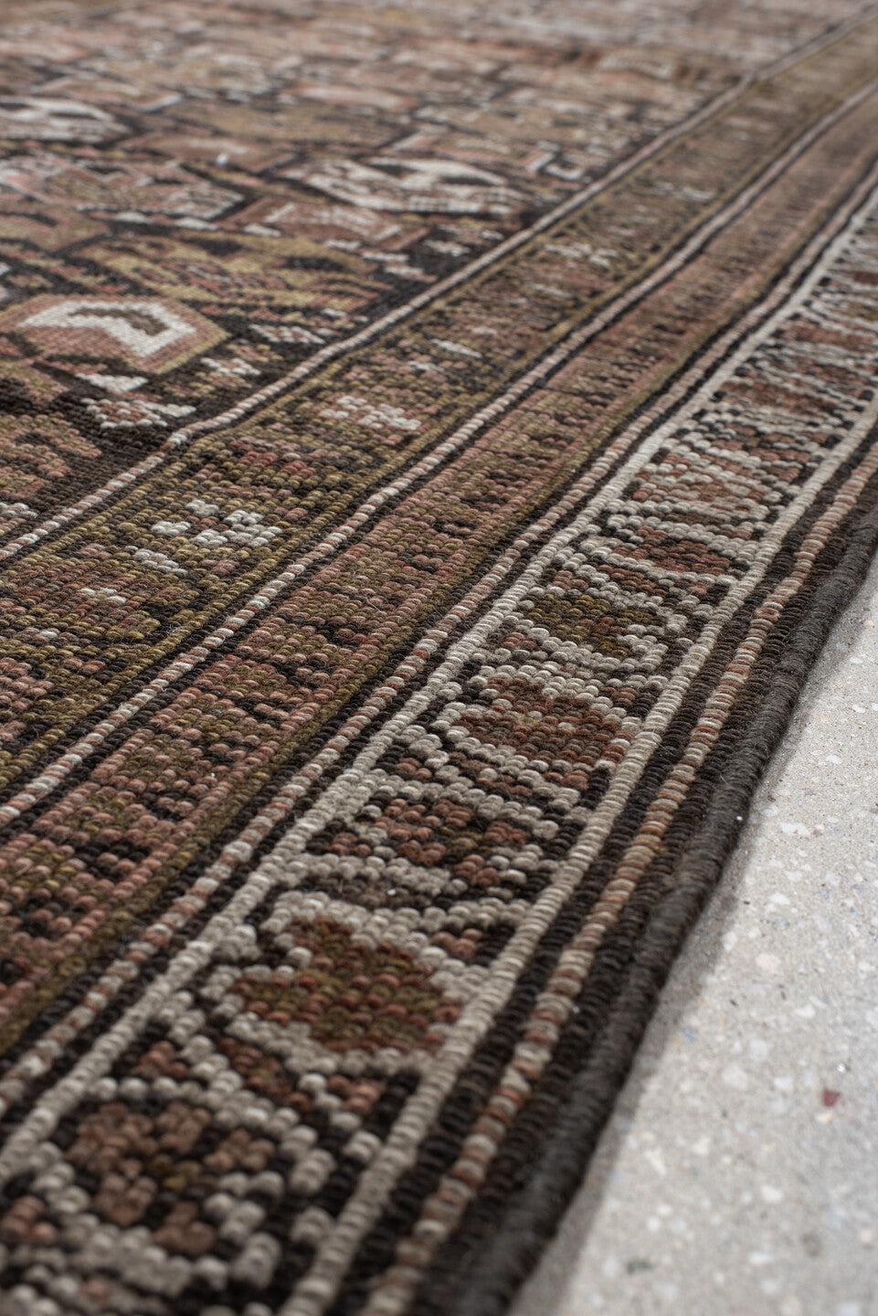 3' x 10' one-of-a-kind handmade vintage NW Persian runner rug. Color palette: brown, taupe, camel, ivory, rose, olive