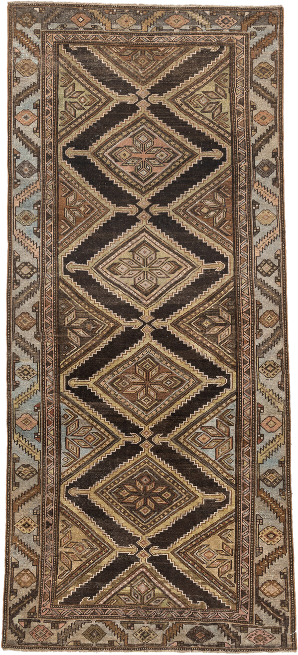 3' x 7' one-of-a-kind handmade vintage Cam Hamadan runner rug. Color palette: brown, ivory, camel, taupe, rose, charcoal