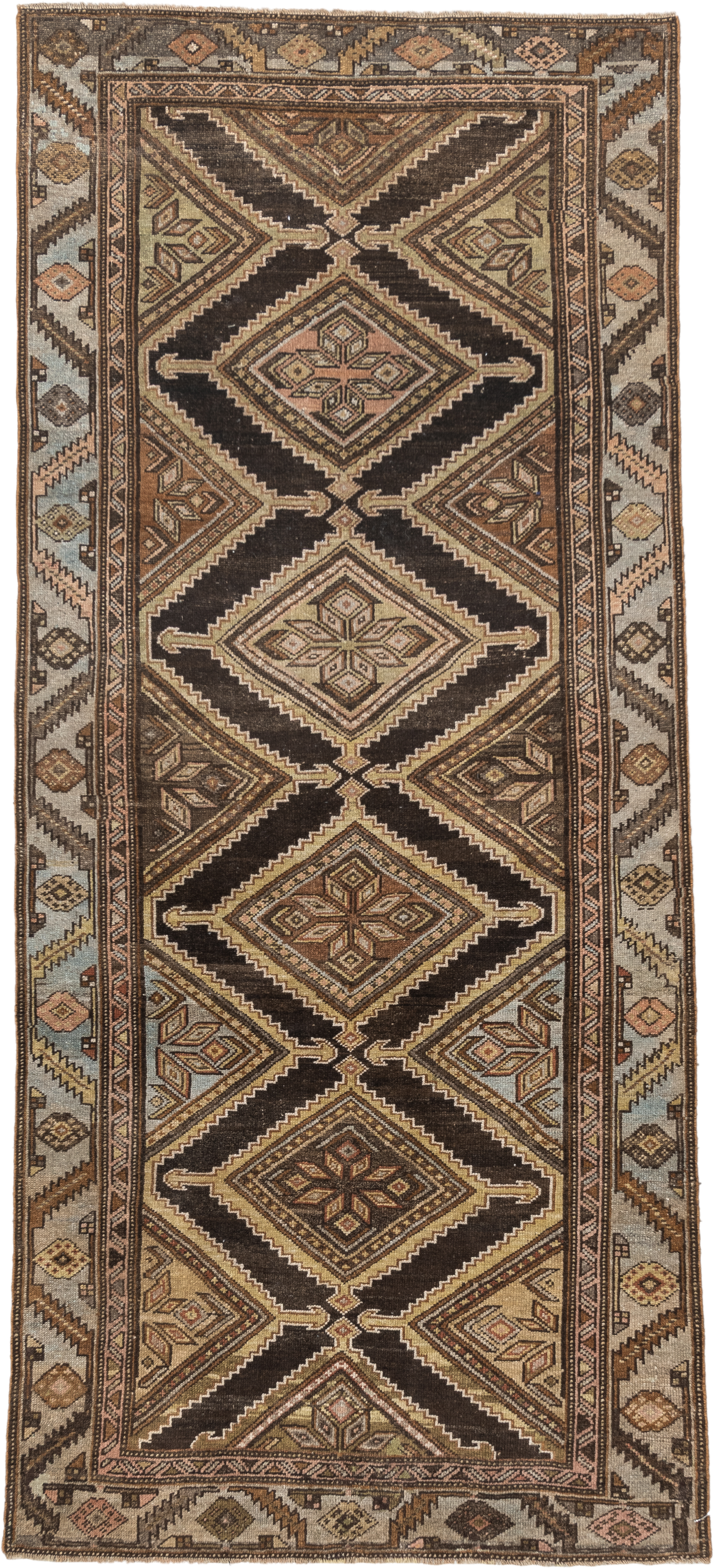 3' x 7' one-of-a-kind handmade vintage Cam Hamadan runner rug. Color palette: brown, ivory, camel, taupe, rose, charcoal