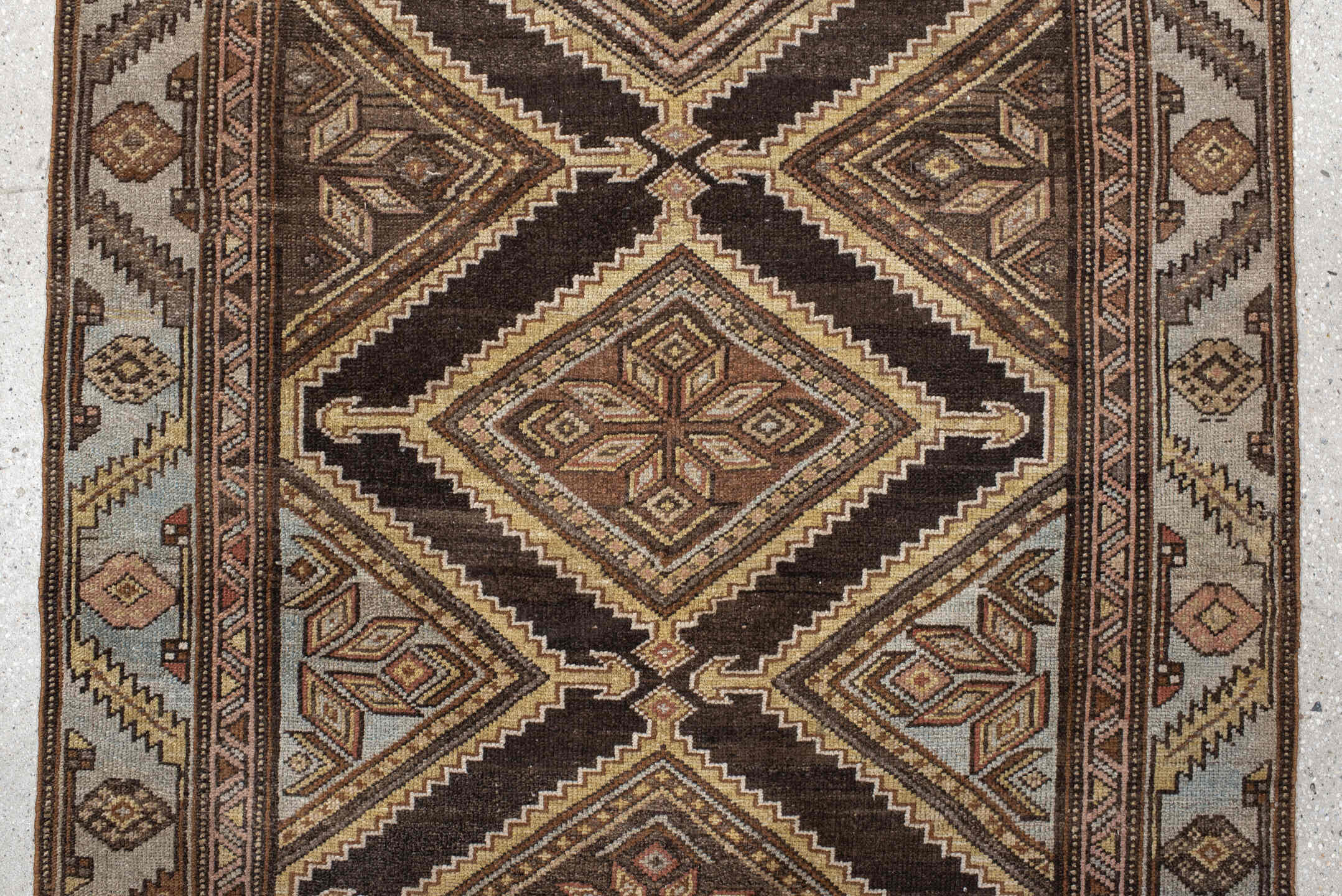 3' x 7' one-of-a-kind handmade vintage Cam Hamadan runner rug. Color palette: brown, ivory, camel, taupe, rose, charcoal