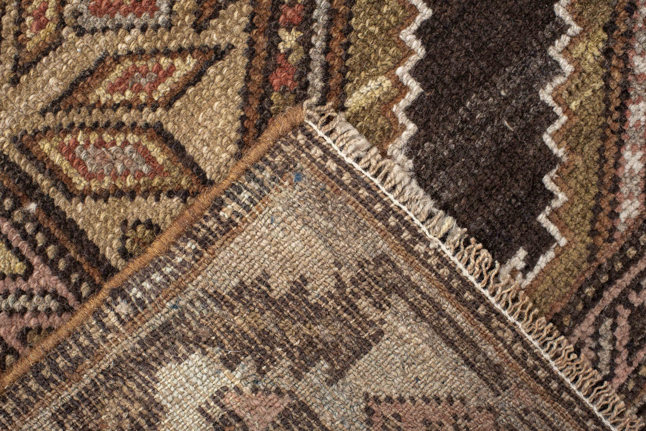 3' x 7' one-of-a-kind handmade vintage Cam Hamadan runner rug. Color palette: brown, ivory, camel, taupe, rose, charcoal