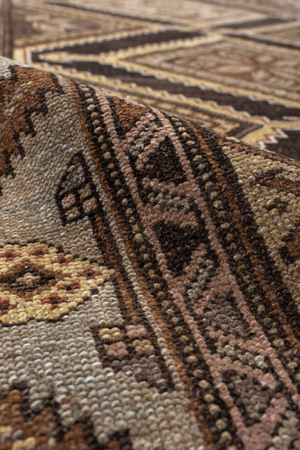 3' x 7' one-of-a-kind handmade vintage Cam Hamadan runner rug. Color palette: brown, ivory, camel, taupe, rose, charcoal