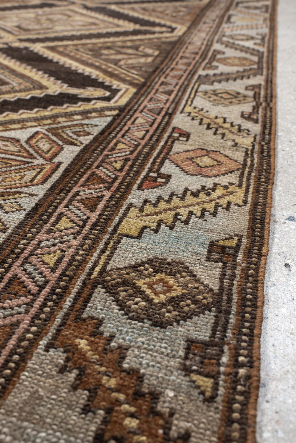 3' x 7' one-of-a-kind handmade vintage Cam Hamadan runner rug. Color palette: brown, ivory, camel, taupe, rose, charcoal