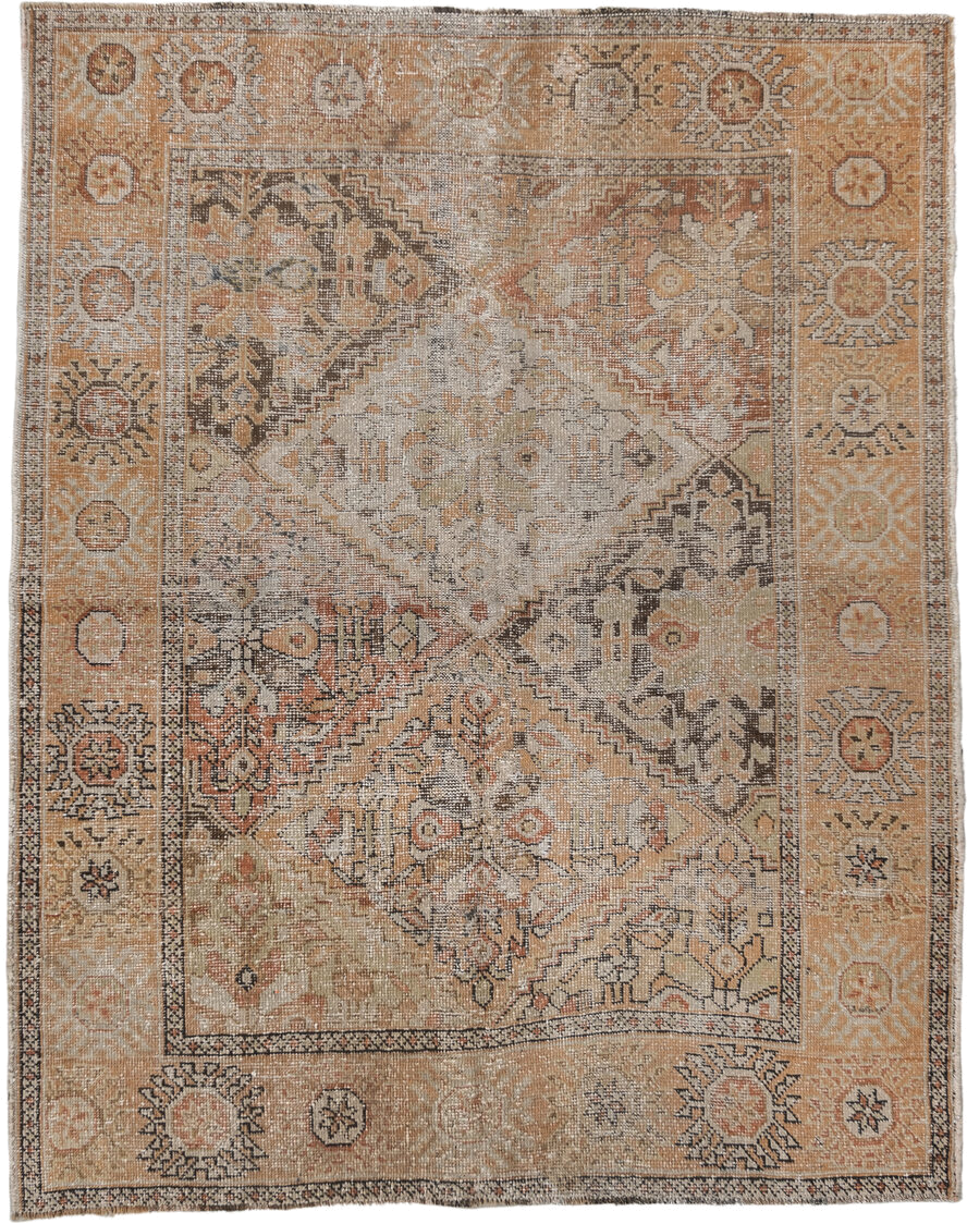 4' x 5' one-of-a-kind handmade vintage Afshar small size rug. Color palette: camel, ivory, taupe, terra cotta, charcoal