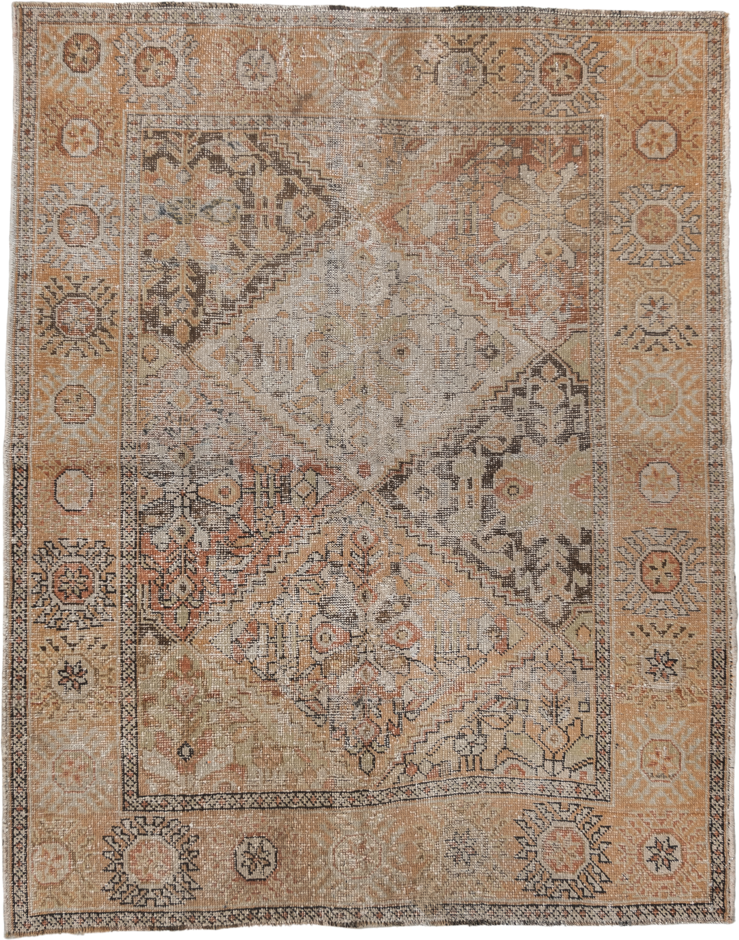 4' x 5' one-of-a-kind handmade vintage Afshar small size rug. Color palette: camel, ivory, taupe, terra cotta, charcoal