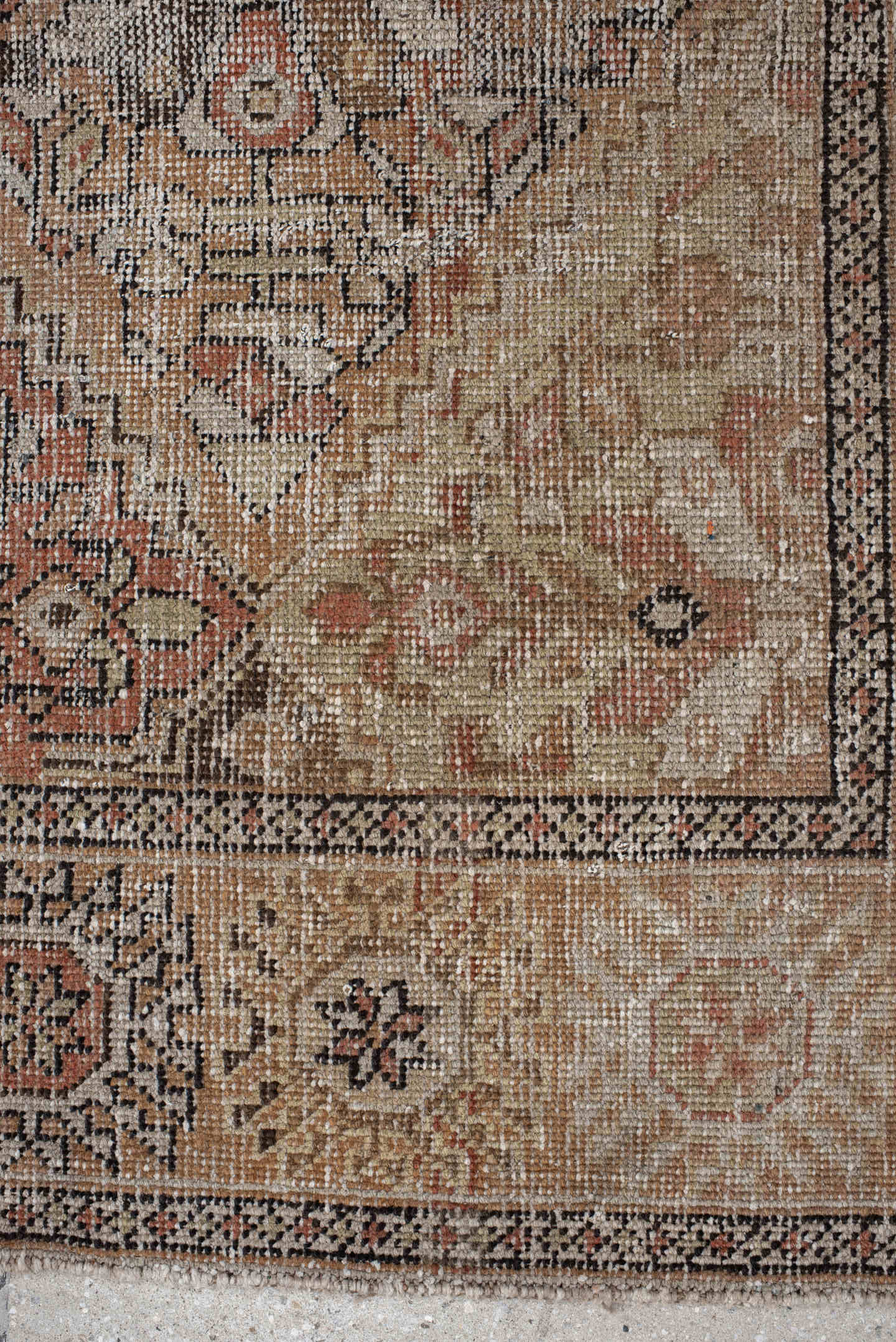 4' x 5' one-of-a-kind handmade vintage Afshar small size rug. Color palette: camel, ivory, taupe, terra cotta, charcoal