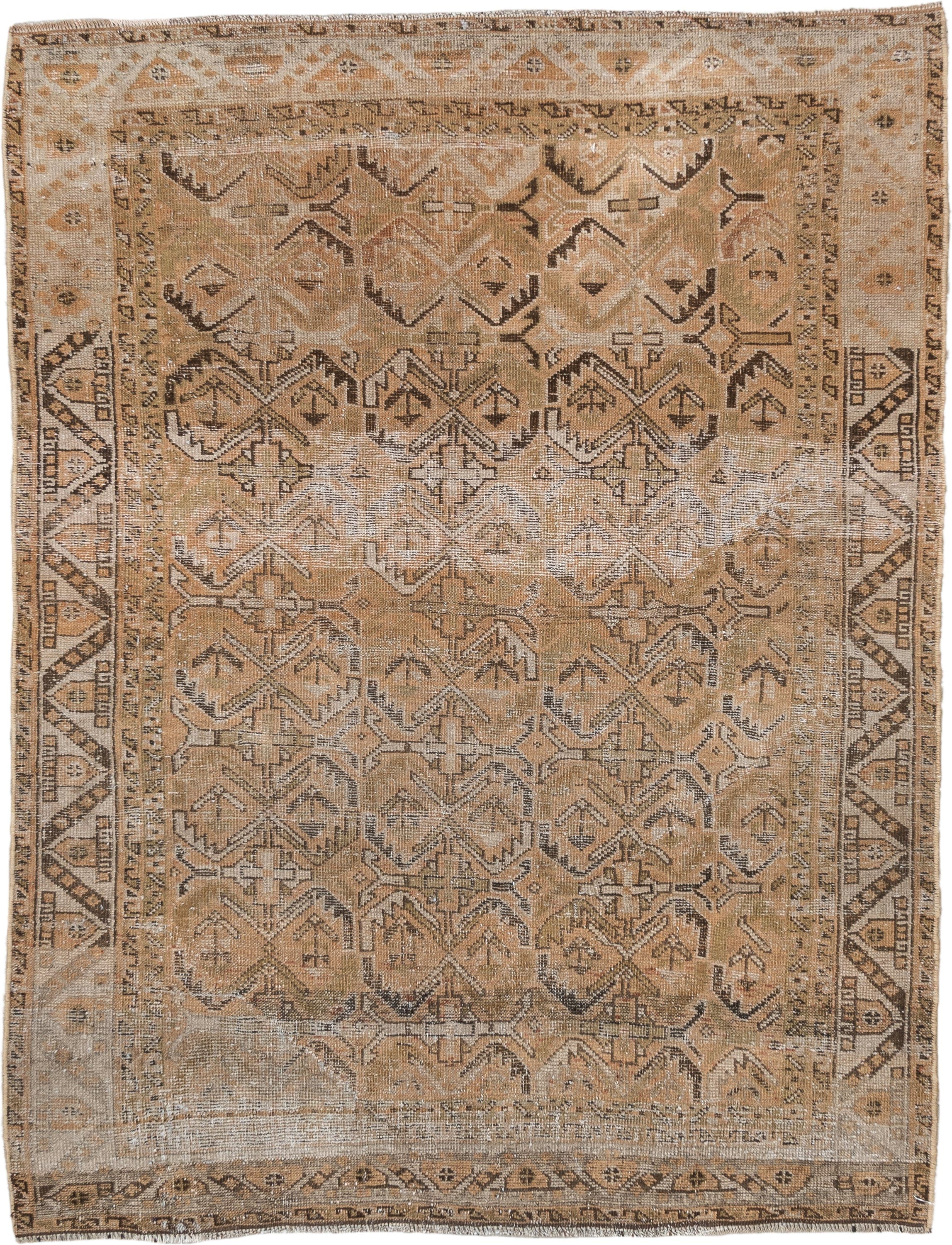 4' x 5' one-of-a-kind handmade vintage Afshar small size rug. Color palette: camel, taupe, ivory, brown, beige, gray