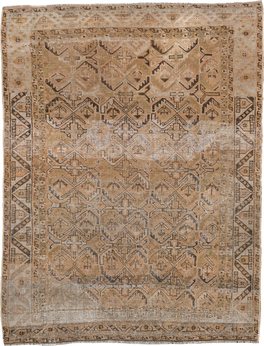 4' x 5' one-of-a-kind handmade vintage Afshar small size rug. Color palette: brown, gray, light gray, off-white, orange