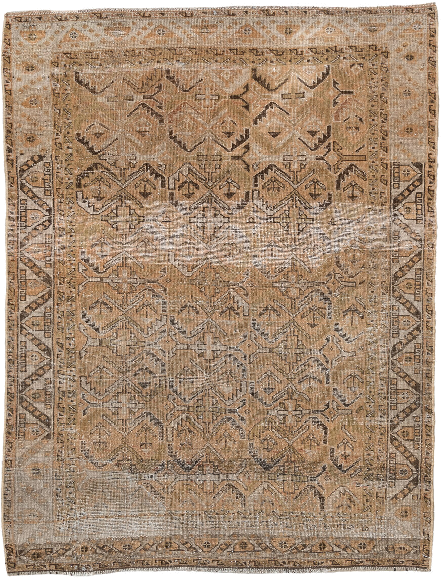 4' x 5' one-of-a-kind handmade vintage Afshar small size rug. Color palette: camel, taupe, ivory, brown, beige, gray