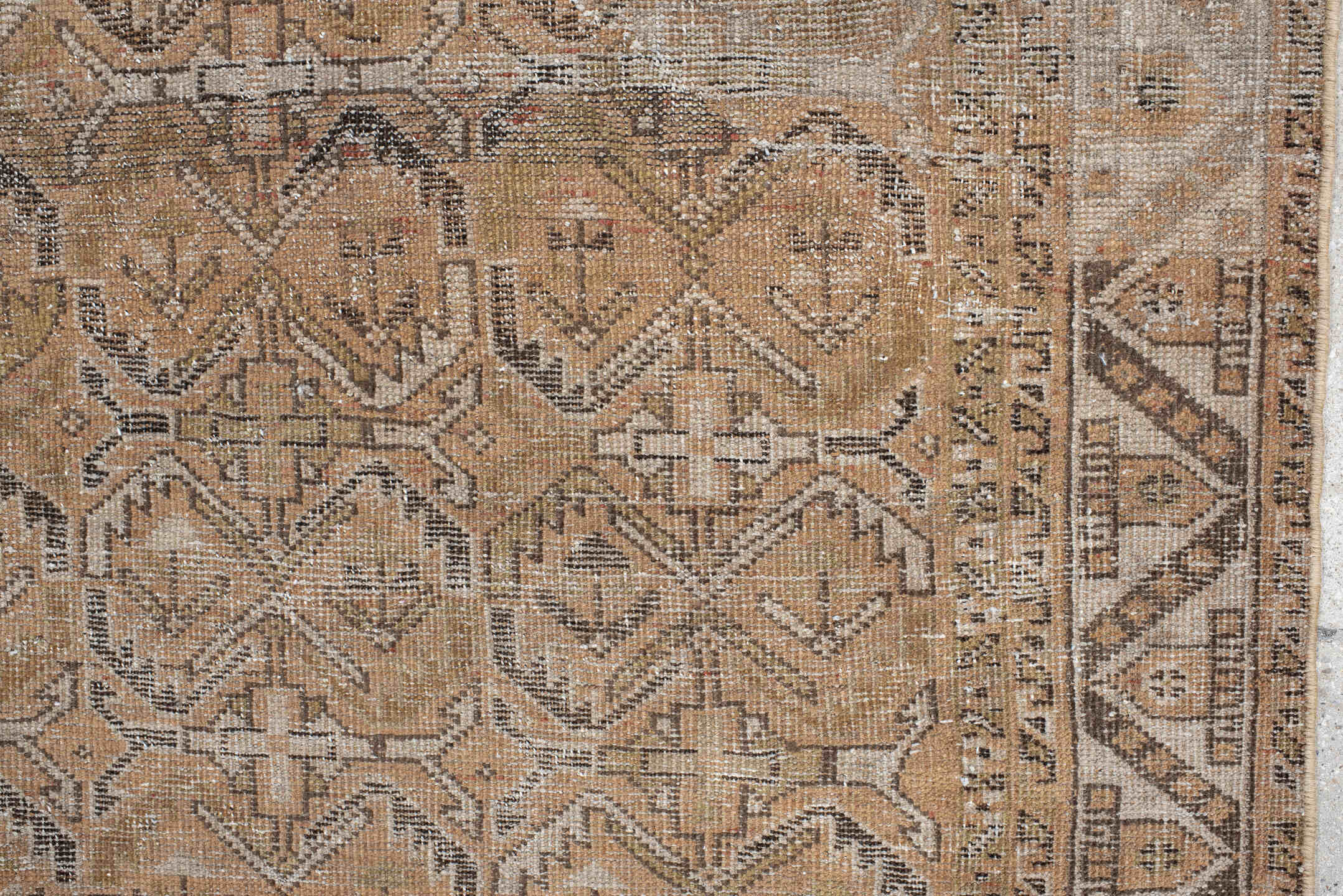 4' x 5' one-of-a-kind handmade vintage Afshar small size rug. Color palette: camel, taupe, ivory, brown, beige, gray