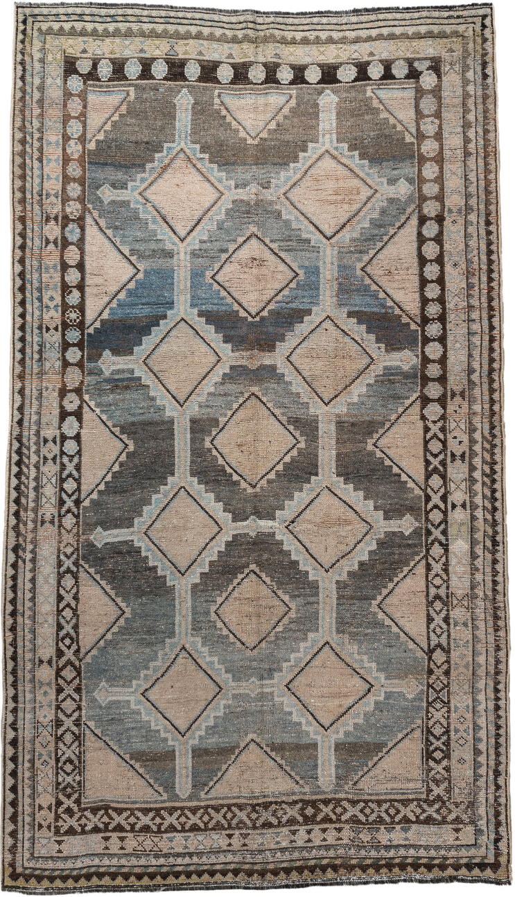 4' x 8' one-of-a-kind handmade vintage Gabbe rug. Color palette: ivory, blue, charcoal, taupe, brown, camel, gray, black