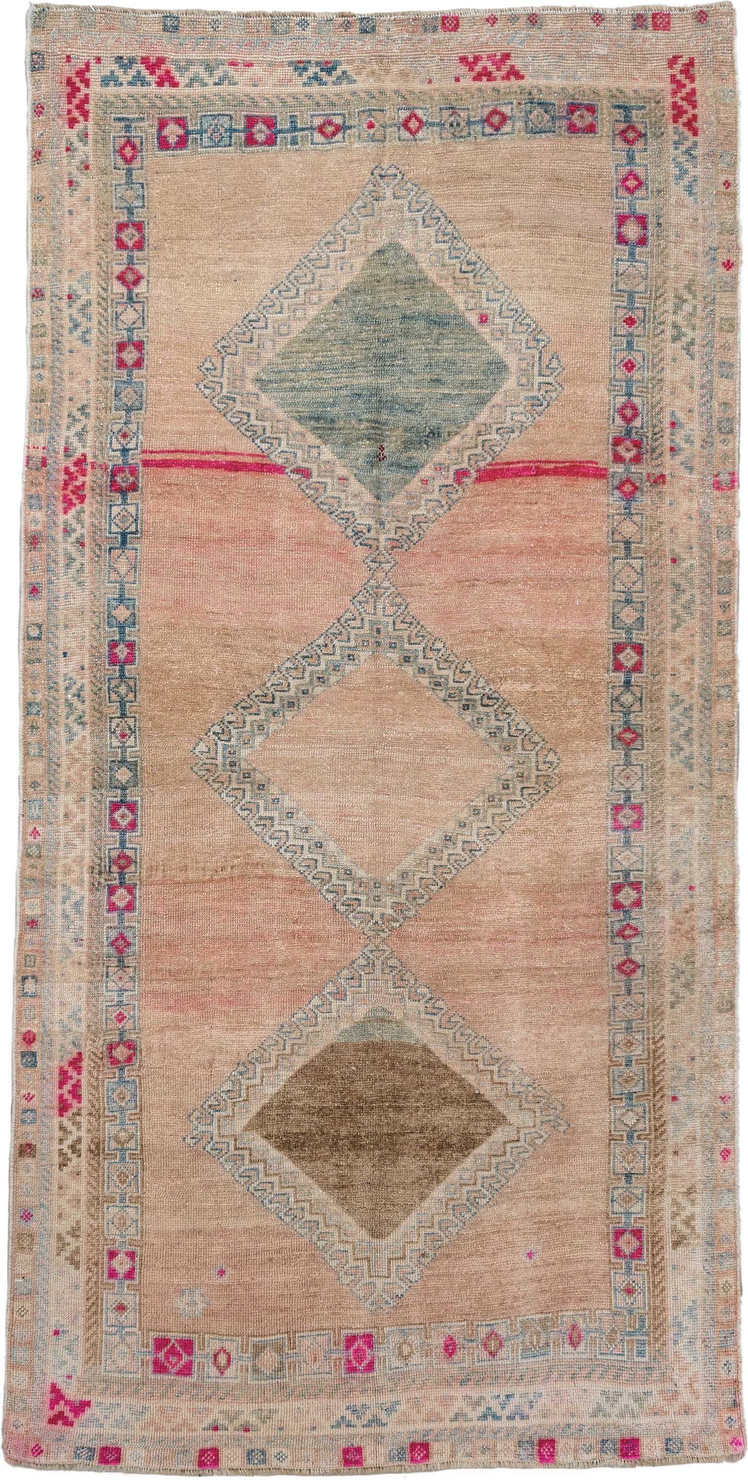 3' x 7' one-of-a-kind handmade vintage  runner rug. Color palette: blush, ivory, pale blue, rose, taupe, brown, pink
