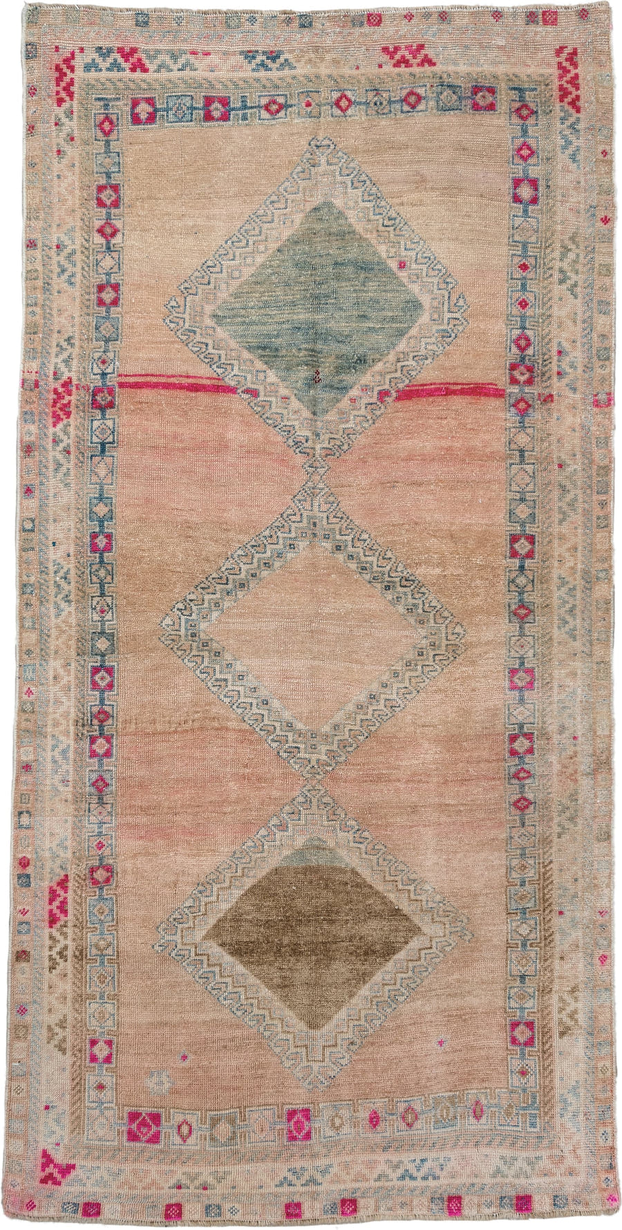 3' x 7' one-of-a-kind handmade vintage  runner rug. Color palette: blush, ivory, pale blue, rose, taupe, brown, pink