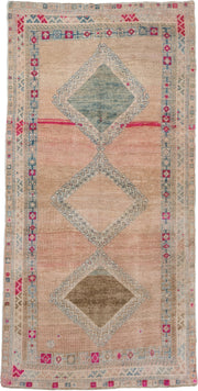 3' x 7' one-of-a-kind handmade vintage runner rug. Color palette: blush, ivory, pale blue, rose, taupe, brown, pink